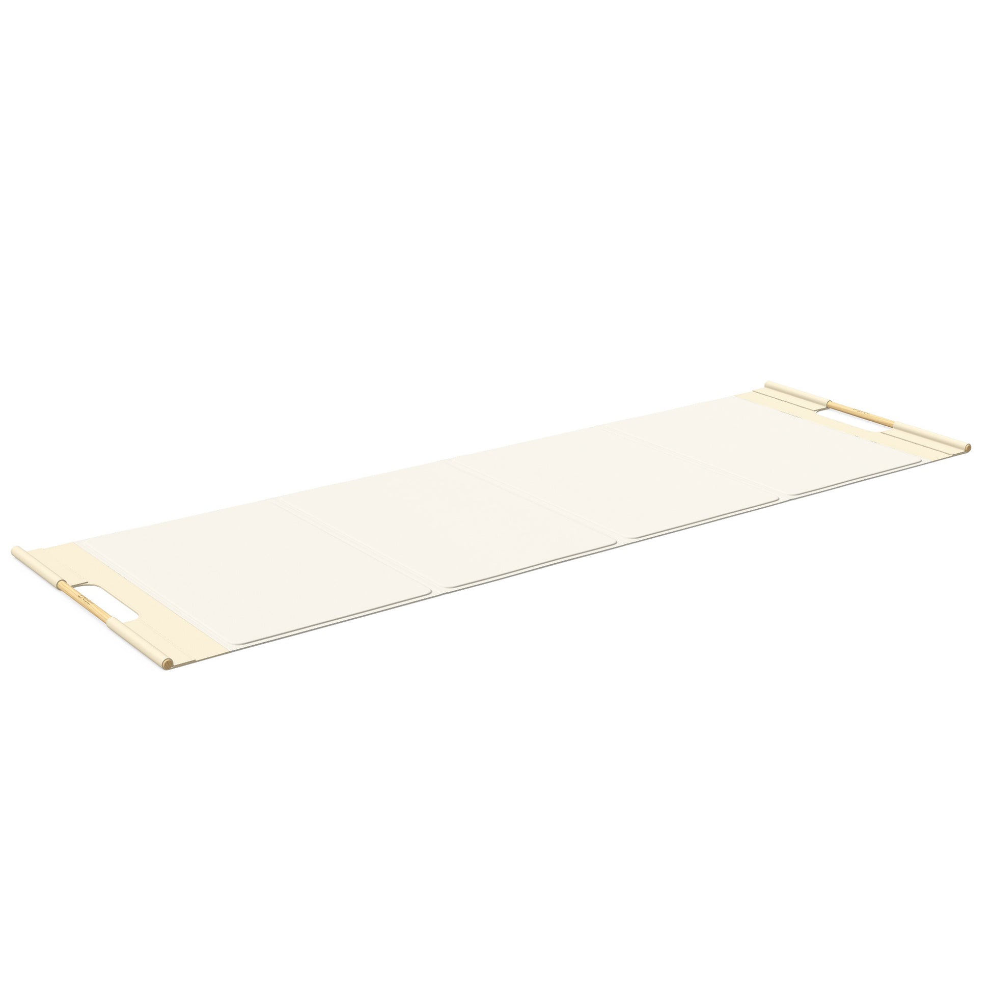 Luxurious fitness equipment, premium exercise mat handcrafted with natural wood and genuine Italian leather, customize in white base leather, beige accent leather and natural ash wood. PENT. MATA