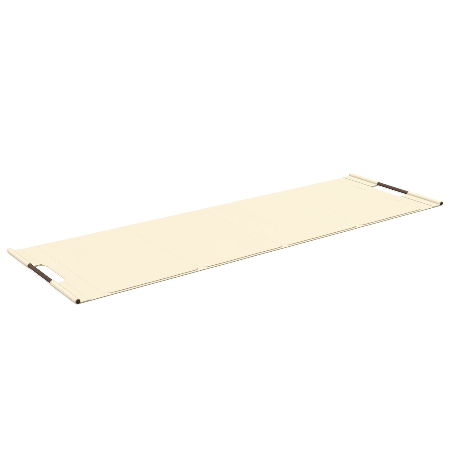 Luxurious fitness equipment, premium exercise mat handcrafted with natural wood and genuine Italian leather, customize in beige base leather, beige accent leather and dark walnut wood. PENT. MATA