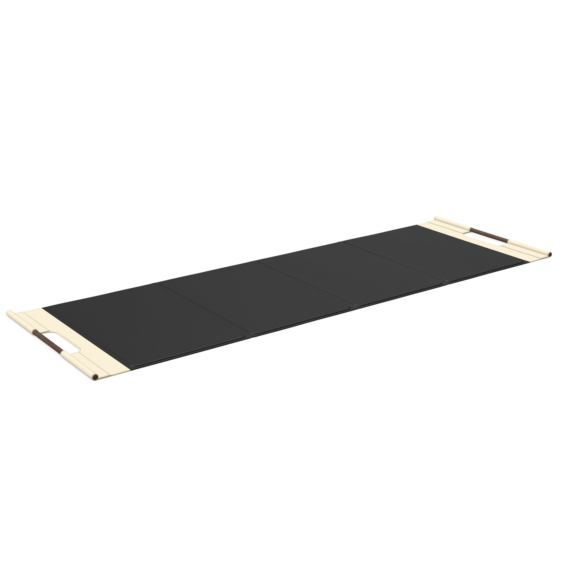 Luxurious fitness equipment, premium exercise mat handcrafted with natural wood and genuine Italian leather, customize in black base leather, beige accent leather and dark walnut wood. PENT. MATA