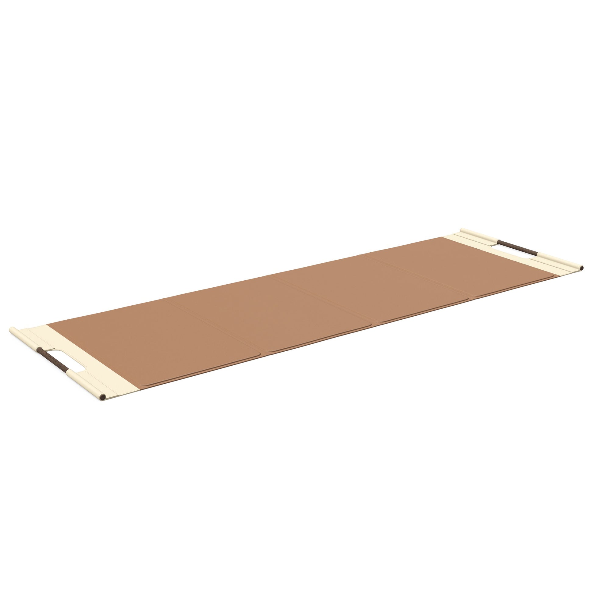 Luxurious fitness equipment, premium exercise mat handcrafted with natural wood and genuine Italian leather, customize in brown base leather, beige accent leather and dark walnut wood. PENT. MATA