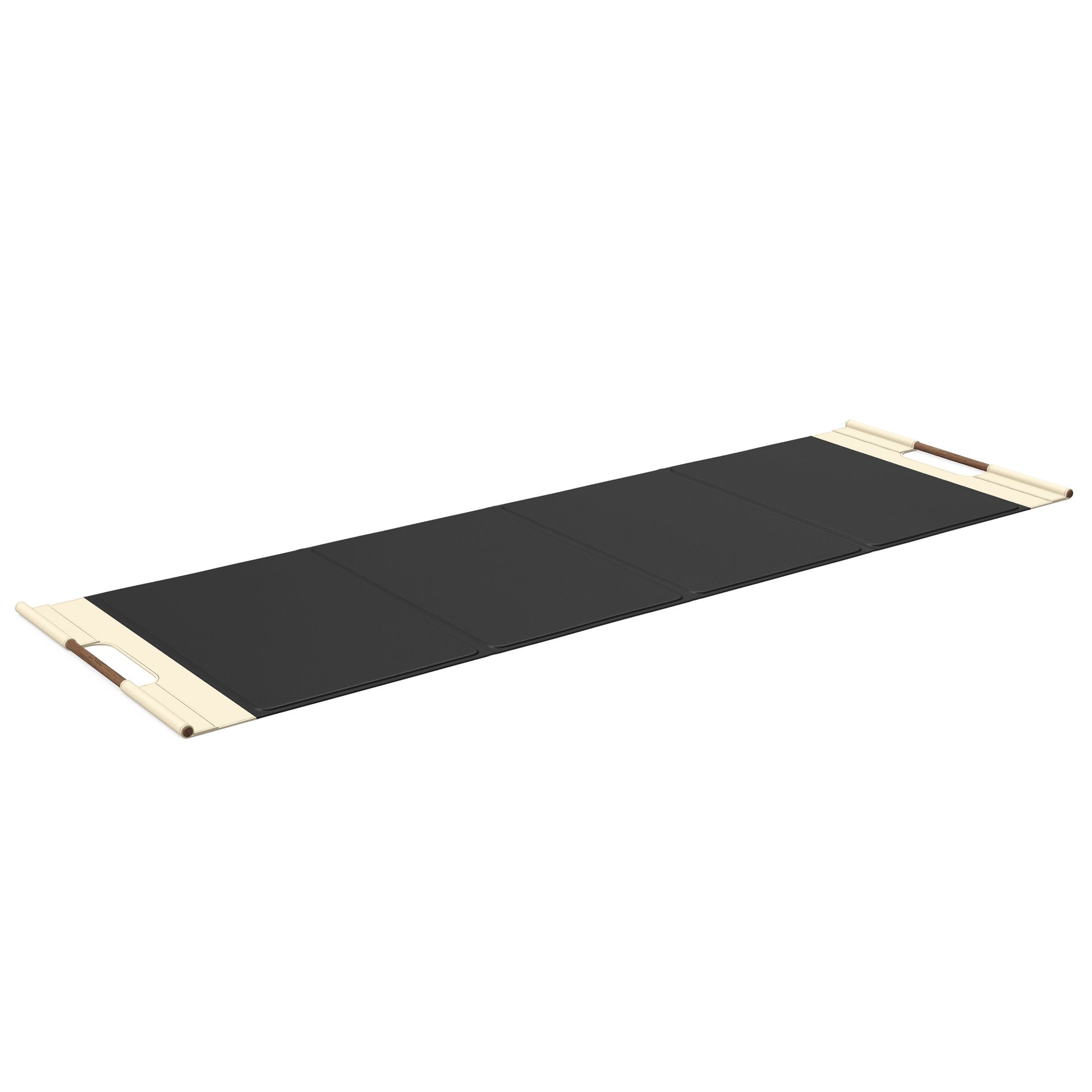 Luxurious fitness equipment, premium exercise mat handcrafted with natural wood and genuine Italian leather, customize in black base leather, beige accent leather and natural walnut wood. PENT. MATA