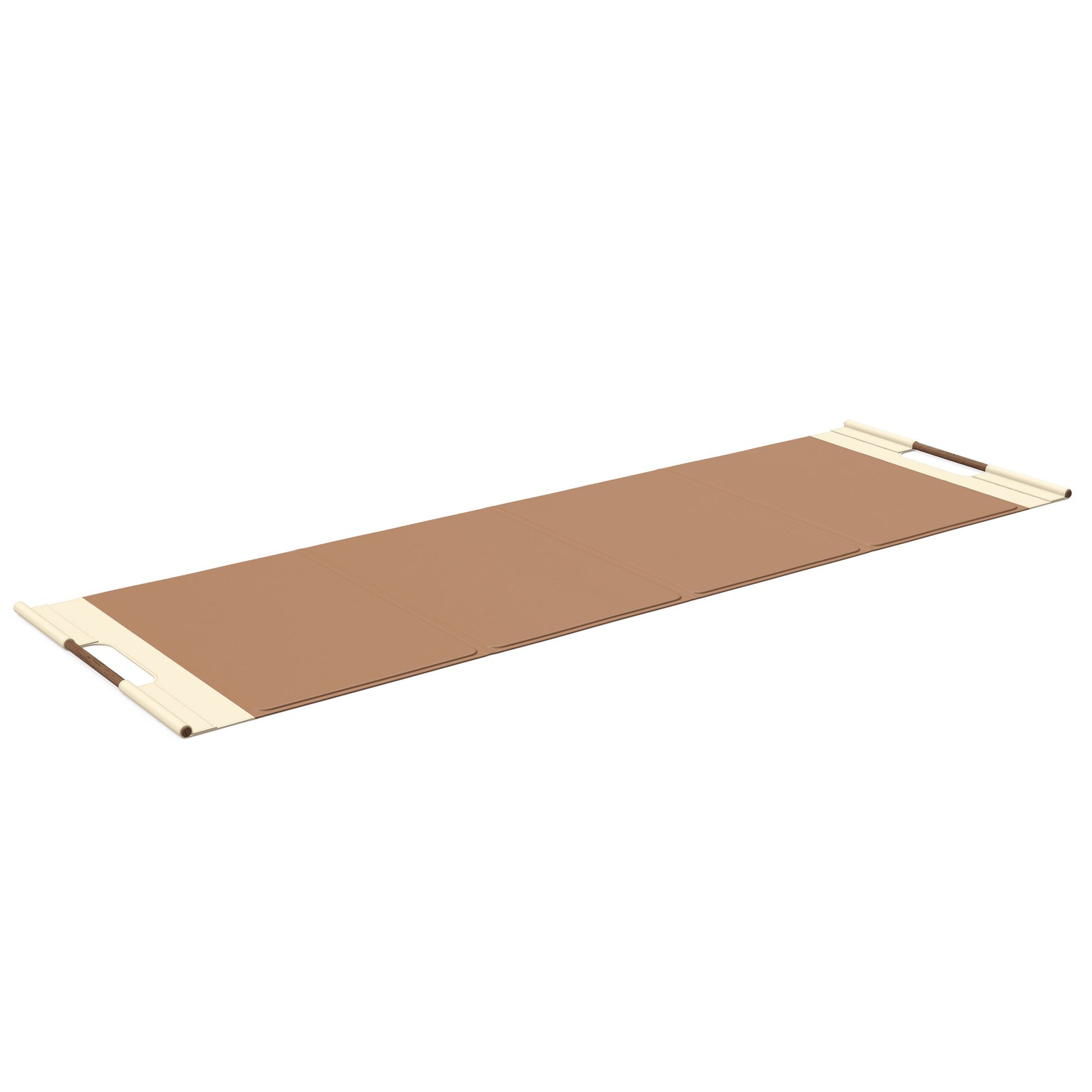 Luxurious fitness equipment, premium exercise mat handcrafted with natural wood and genuine Italian leather, customize in brown base leather, beige accent leather and natural walnut wood. PENT. MATA