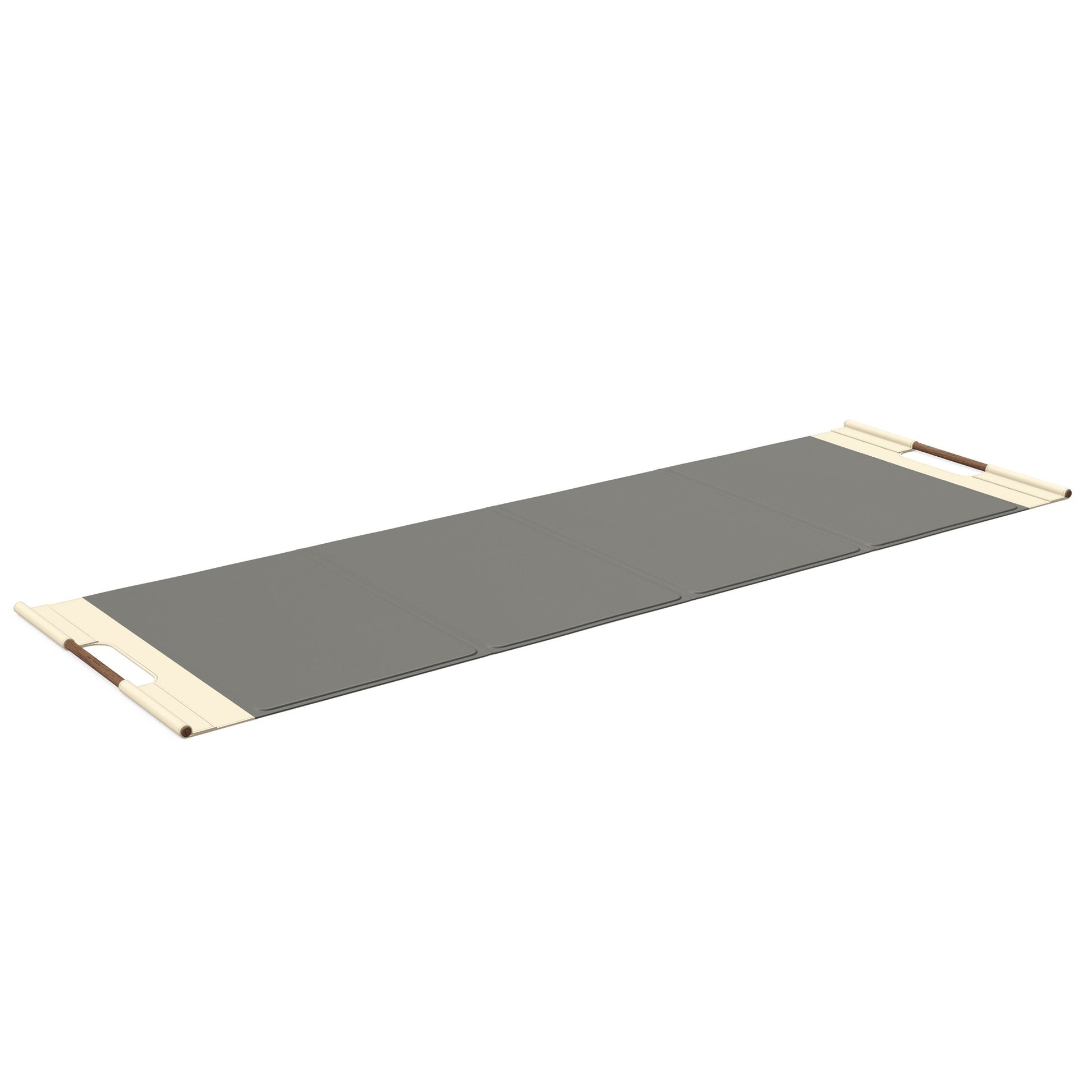 Luxurious fitness equipment, premium exercise mat handcrafted with natural wood and genuine Italian leather, customize in grey base leather, beige accent leather and natural walnut wood. PENT. MATA