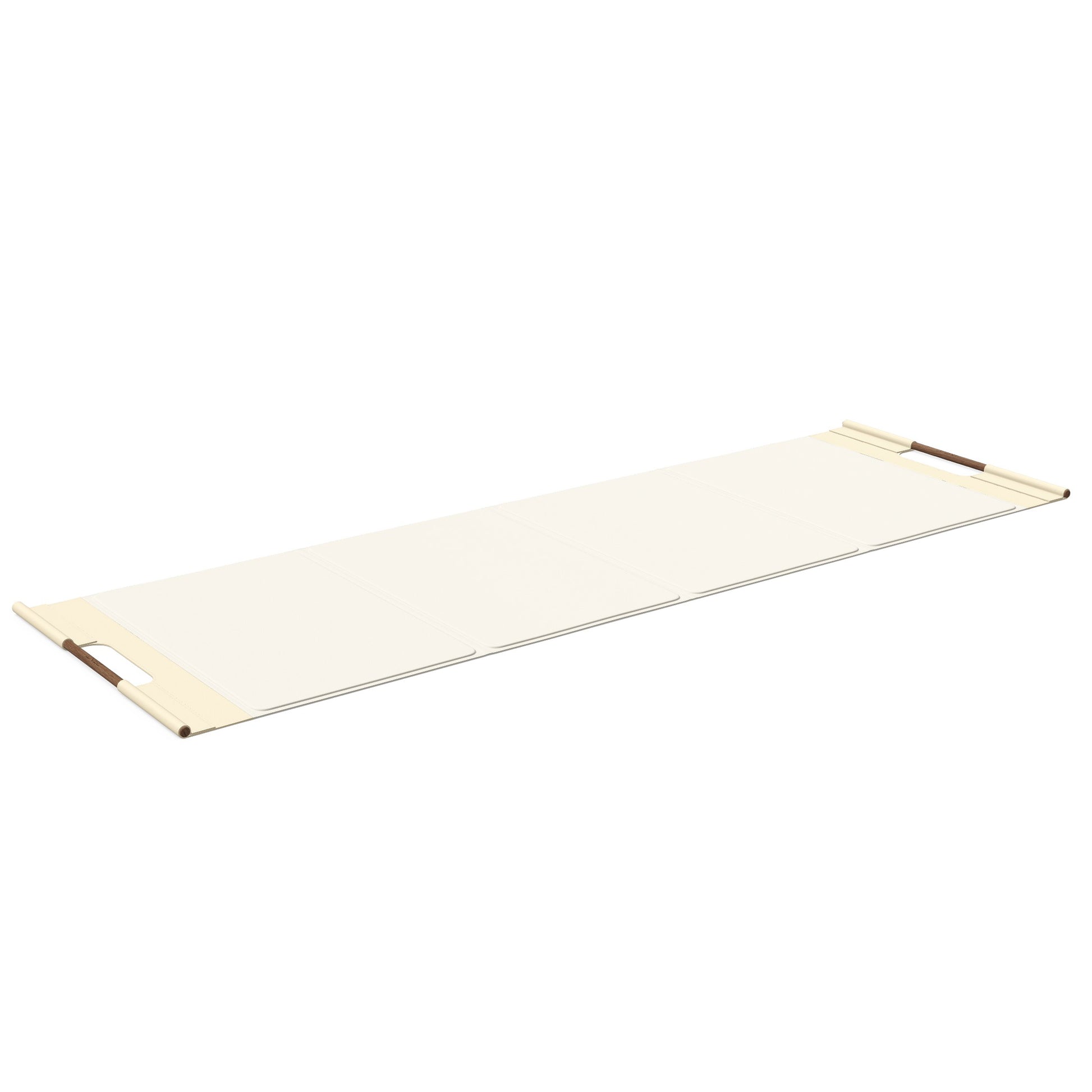 Luxurious fitness equipment, premium exercise mat handcrafted with natural wood and genuine Italian leather, customize in white base leather, beige accent leather and natural walnut wood. PENT. MATA