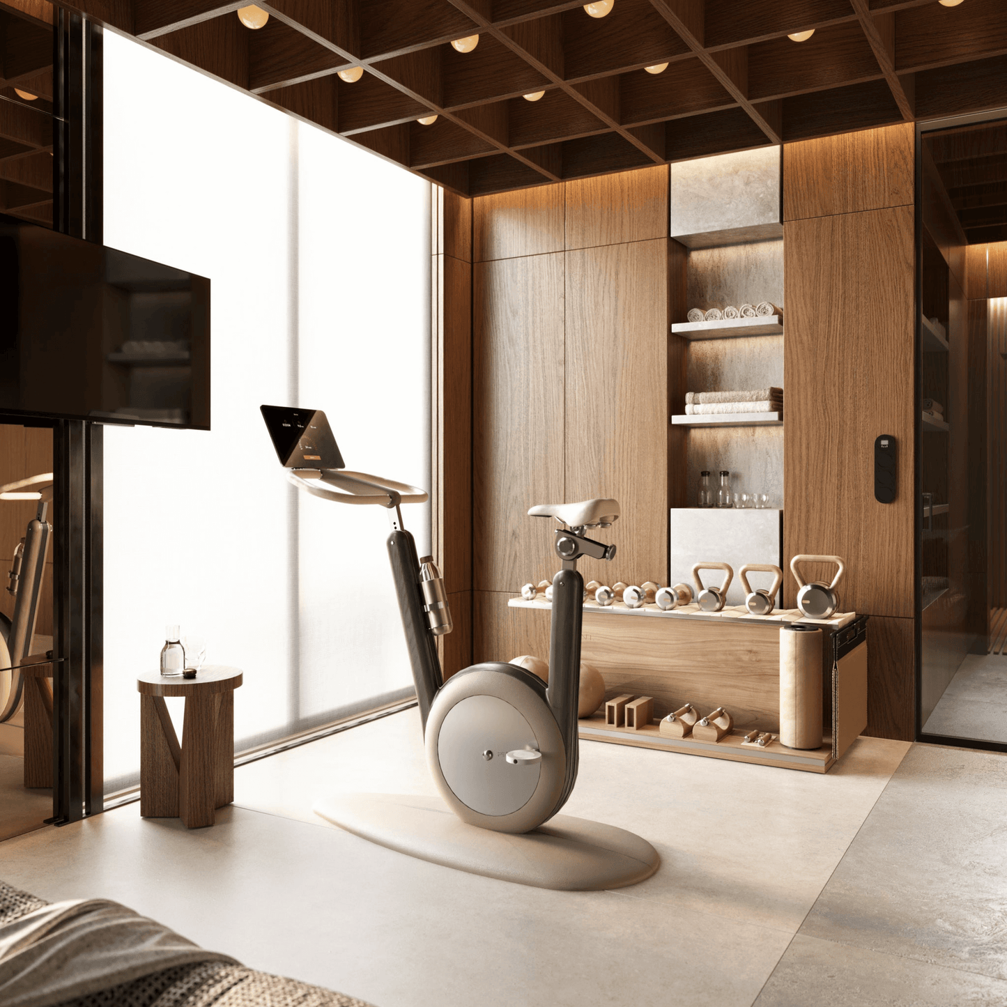 A modern stationary exercise bike with black ash wood, sleek design, adjustable seat, and attached workout screen in a luxurious home gym. PENT Hania Exercise Bike