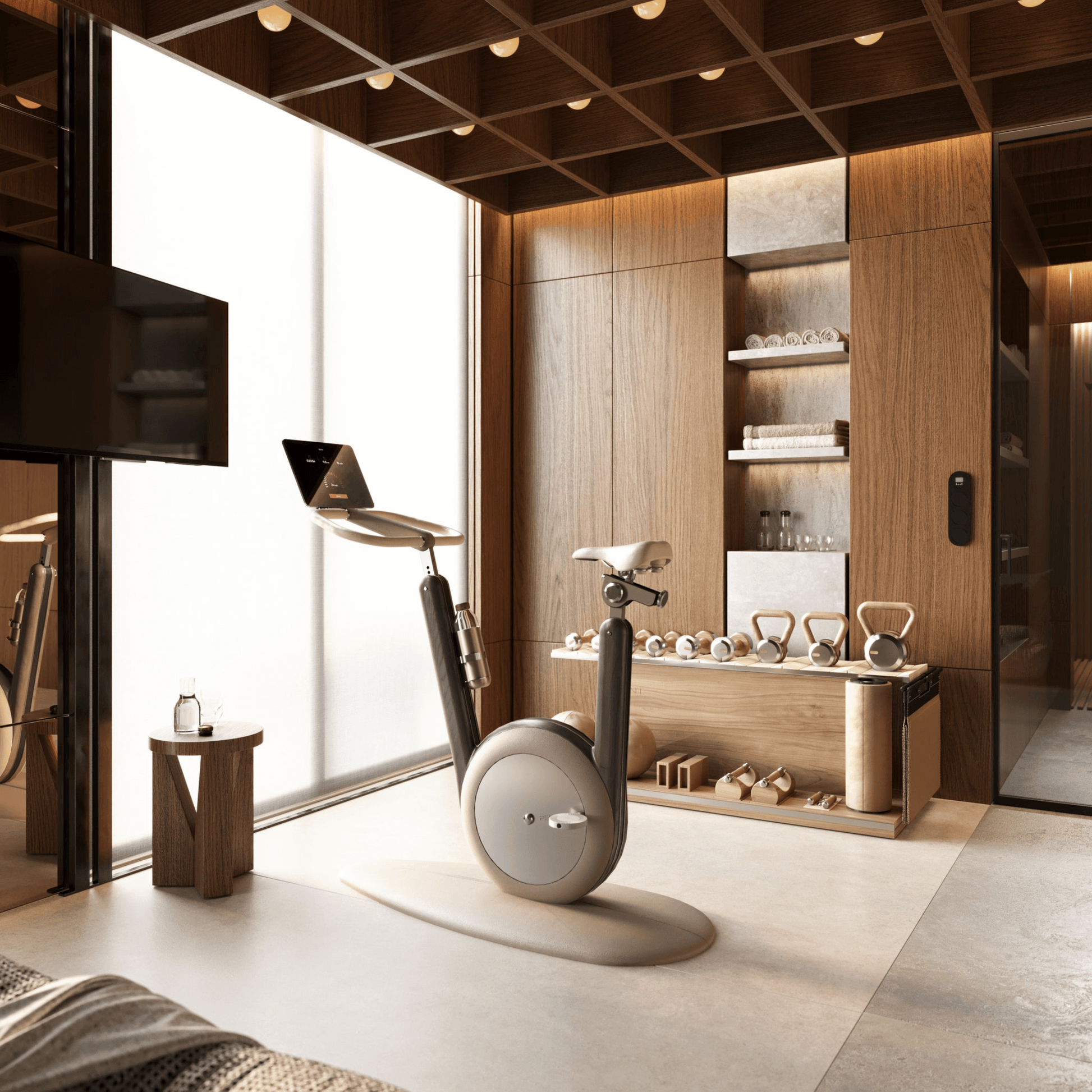A modern stationary exercise bike with black ash wood, sleek design, adjustable seat, and attached workout screen in a luxurious home gym. PENT Hania Exercise Bike