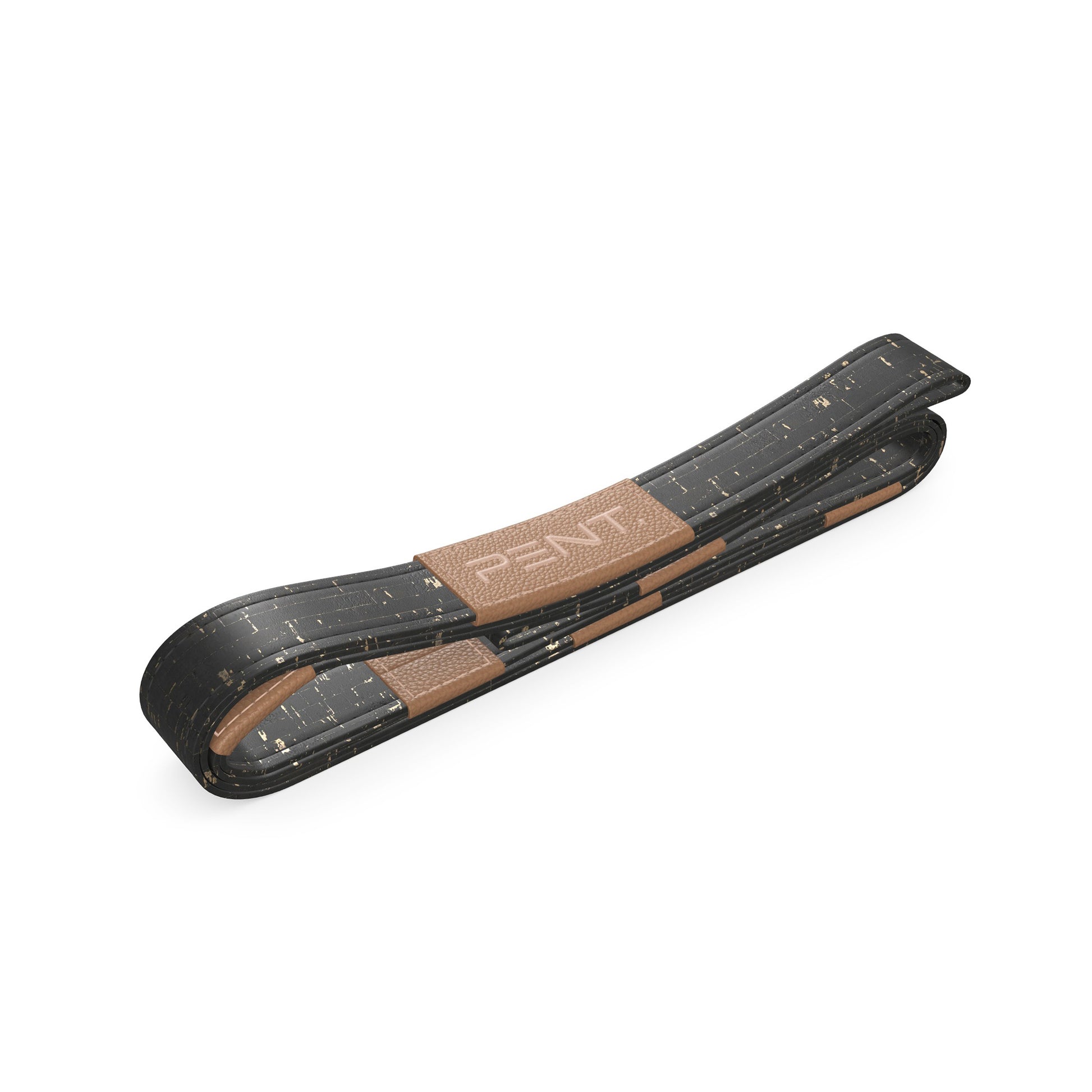Side view of a luxurious cork yoga strap in gold color option, made from premium natural cork and leather. PENT. PASA CORK - Luxury Cork Yoga Strap