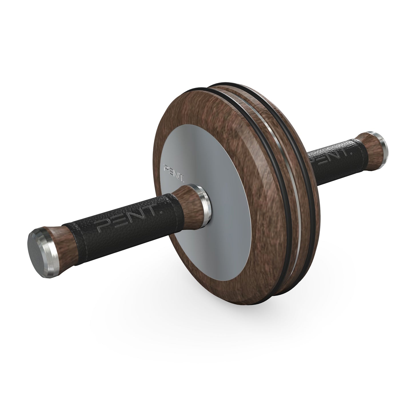 A luxurious home gym equipment, wooden ab roller with dark walnut wood, premium steel and genuine leather in black colour, designed for core workouts. PENT. TWISTA- Luxury Ab Roller