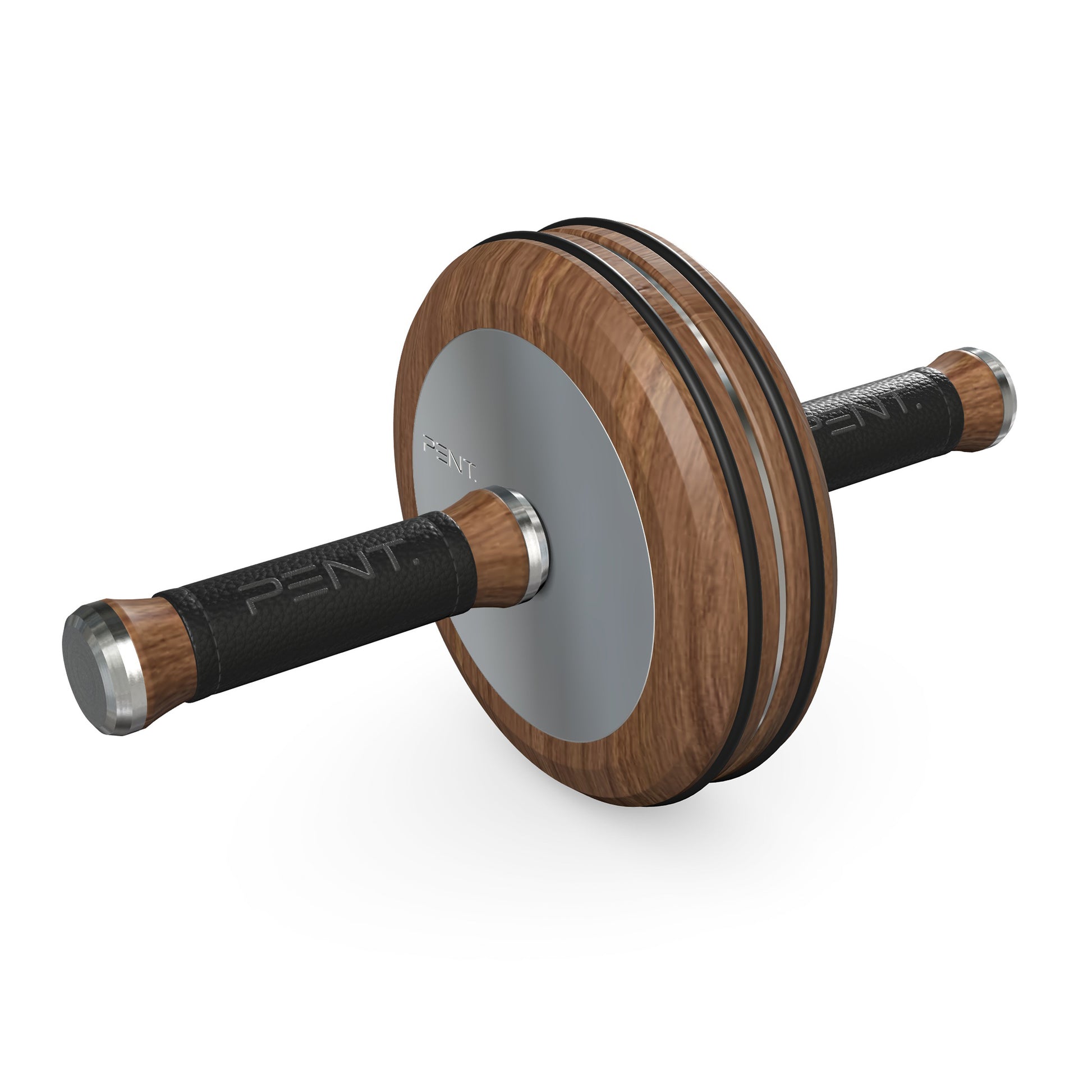 A luxurious home gym equipment, wooden ab roller with natural walnut wood, premium steel and genuine leather in black colour, designed for core workouts. PENT. TWISTA- Luxury Ab Roller
