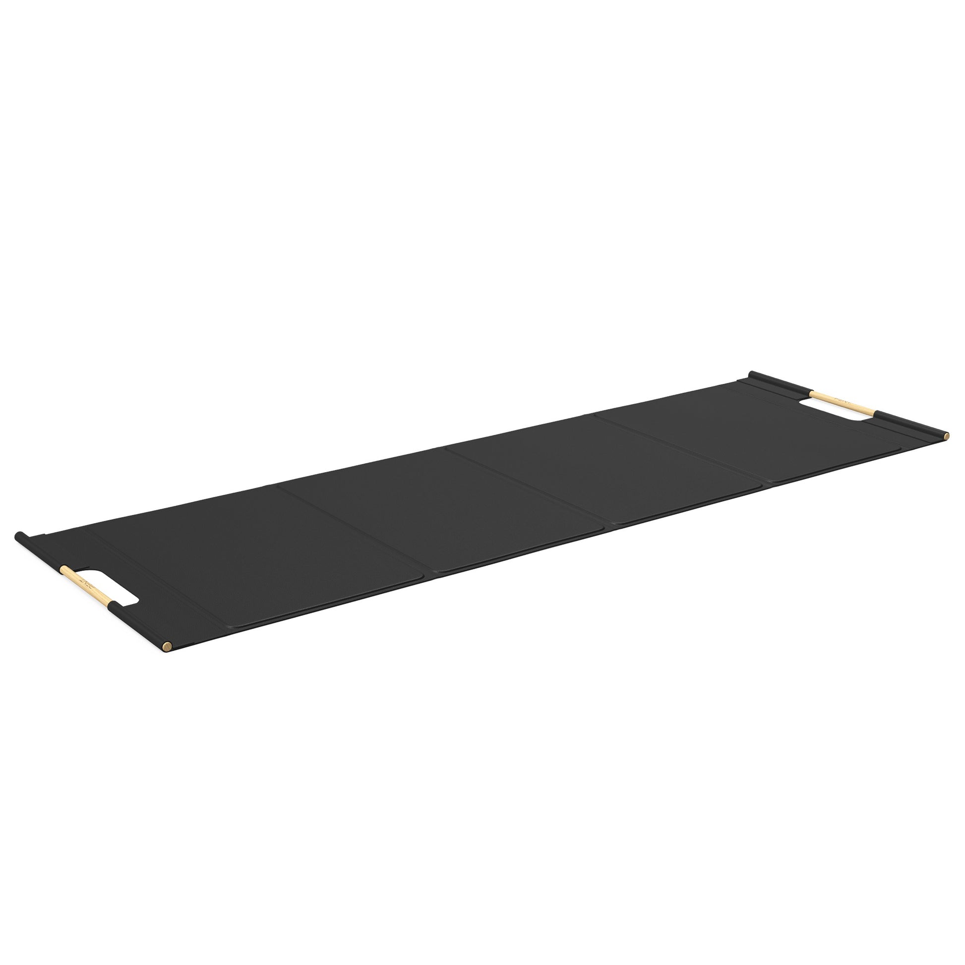 Luxurious fitness equipment, premium exercise mat handcrafted with natural wood and genuine Italian leather, customize in black base leather, black accent leather and natural ash wood. PENT. MATA