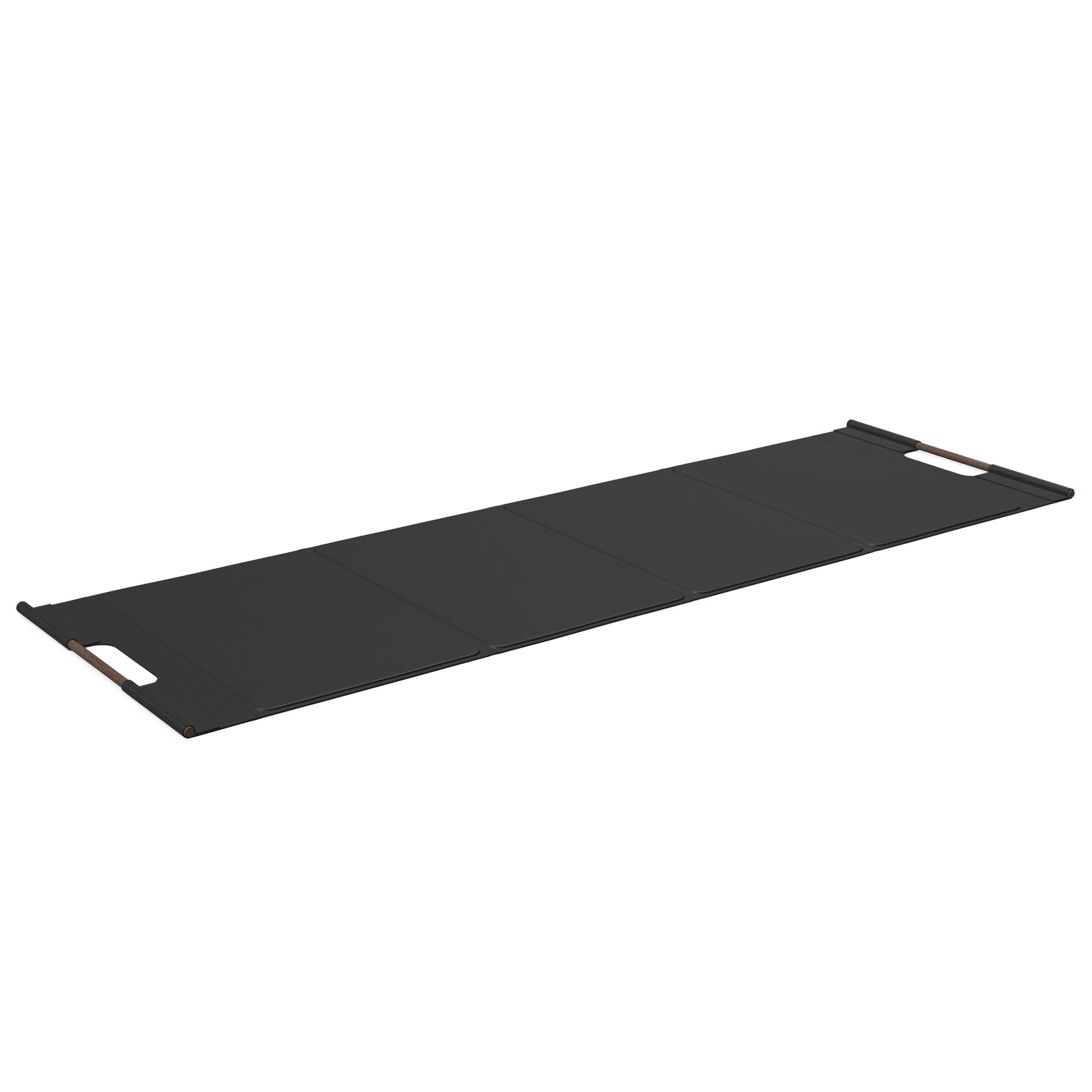 Luxurious fitness equipment, premium exercise mat handcrafted with natural wood and genuine Italian leather, customize in black base leather, black accent leather and dark walnut wood. PENT. MATA