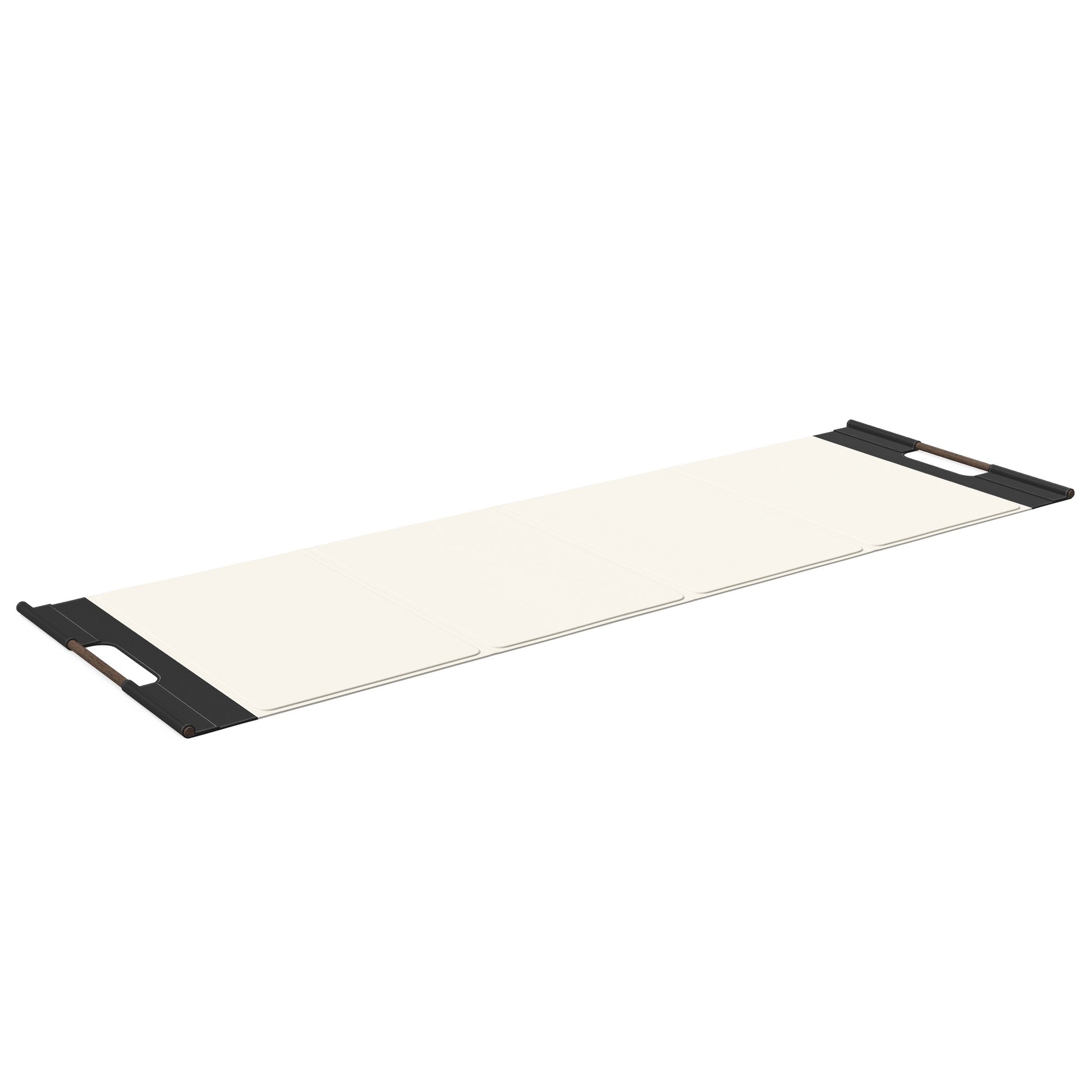 Luxurious fitness equipment, premium exercise mat handcrafted with natural wood and genuine Italian leather, customize in white base leather, black accent leather and dark walnut wood. PENT. MATA