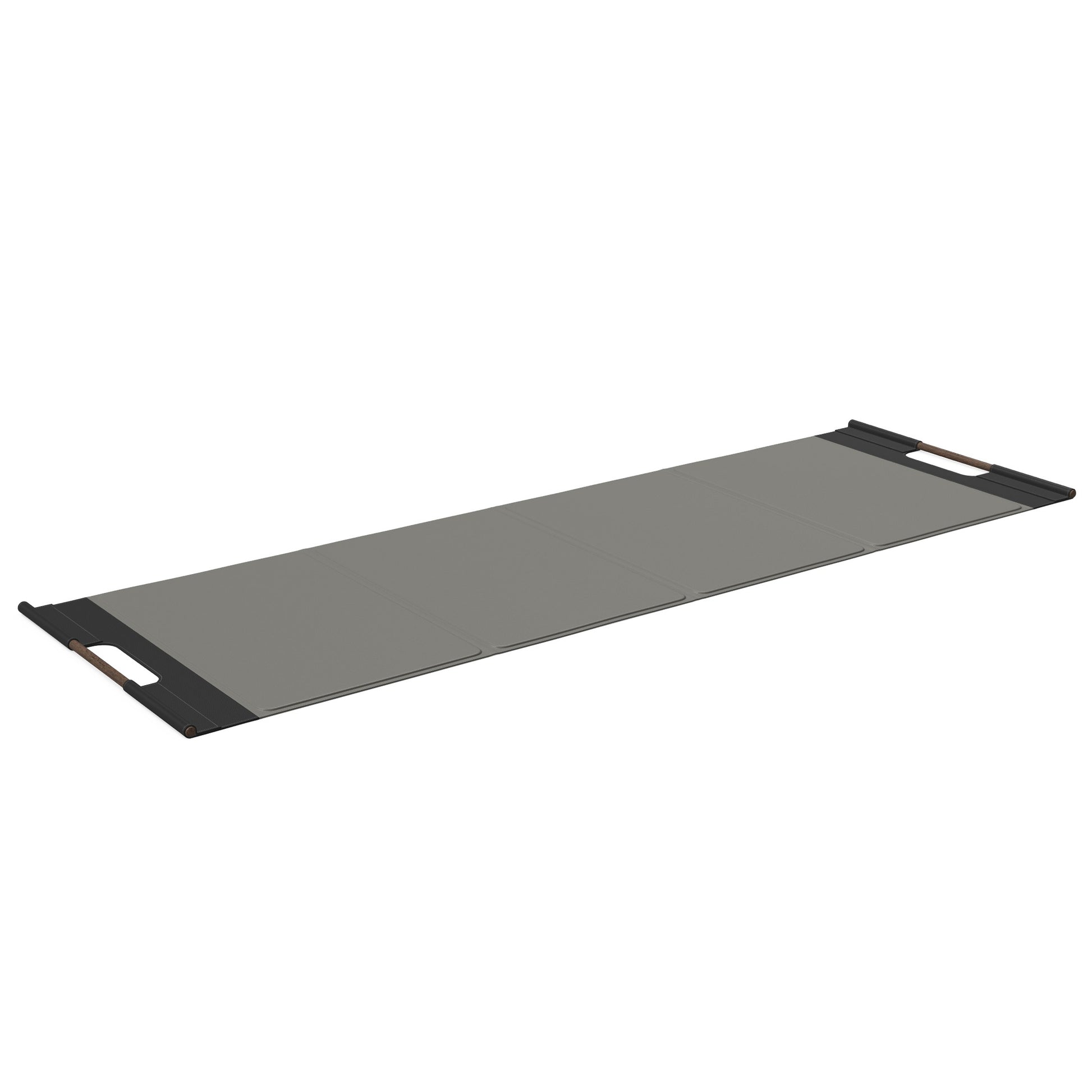 Luxurious fitness equipment, premium exercise mat handcrafted with natural wood and genuine Italian leather, customize in grey base leather, black accent leather and dark walnut wood. PENT. MATA