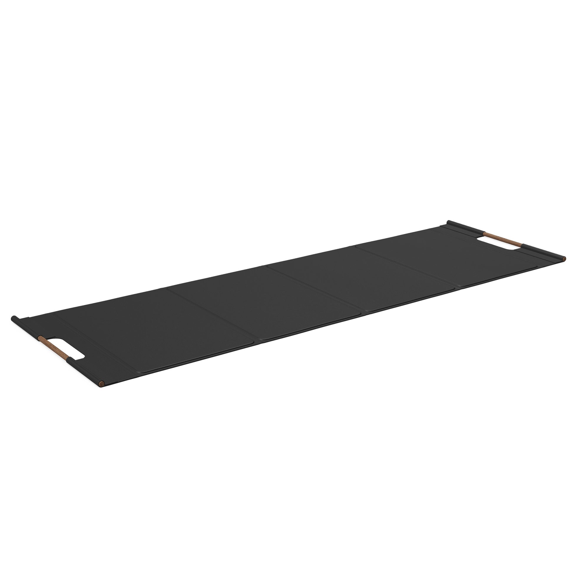 Luxurious fitness equipment, premium exercise mat handcrafted with natural wood and genuine Italian leather, customize in black base leather, black accent leather and natural walnut wood. PENT. MATA