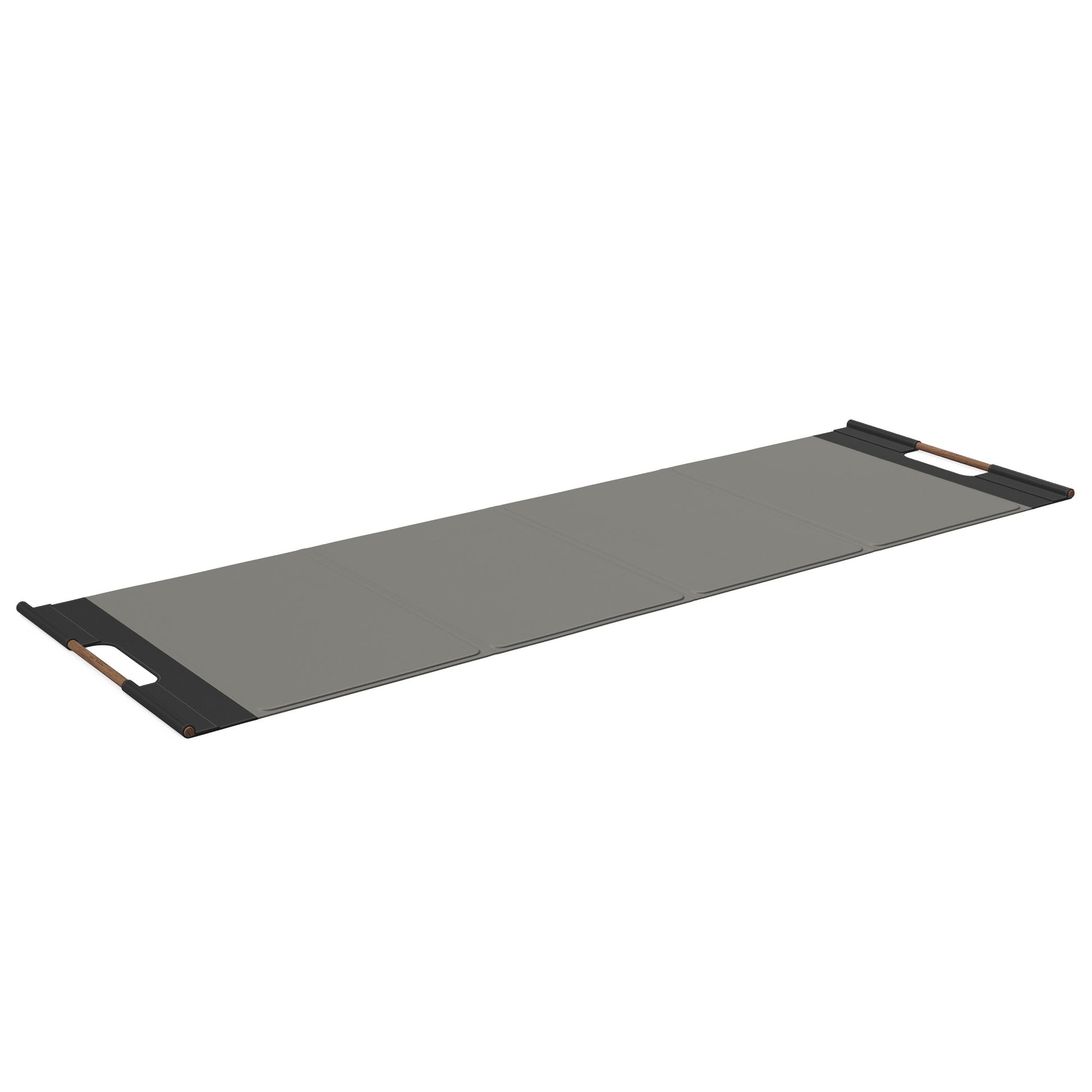 Luxurious fitness equipment, premium exercise mat handcrafted with natural wood and genuine Italian leather, customize in grey base leather, black accent leather and natural walnut wood. PENT. MATA