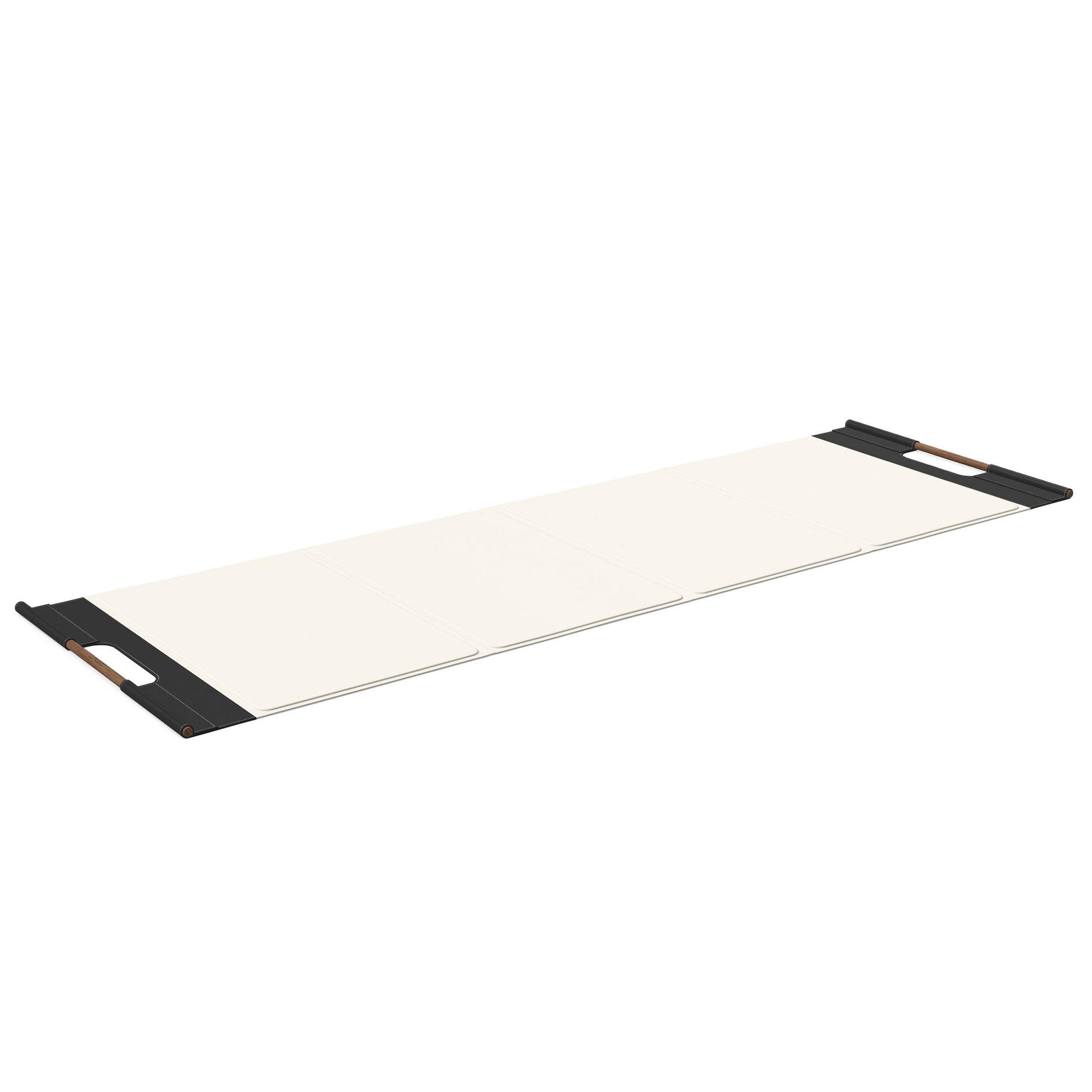 Luxurious fitness equipment, premium exercise mat handcrafted with natural wood and genuine Italian leather, customize in white base leather, black accent leather and natural walnut wood. PENT. MATA