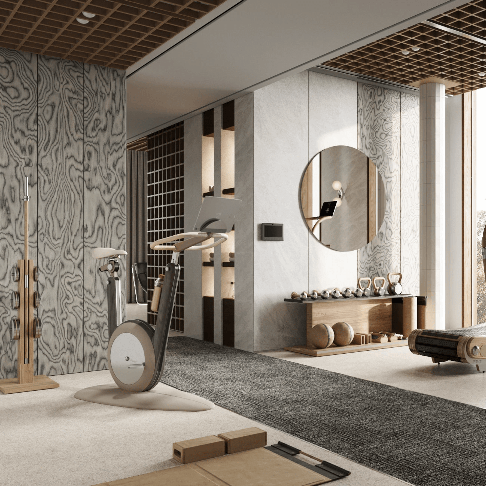 A modern stationary exercise bike with natural walnut wood, sleek design, adjustable seat, and attached workout screen in a luxury fitness space. PENT Hania Exercise Bike