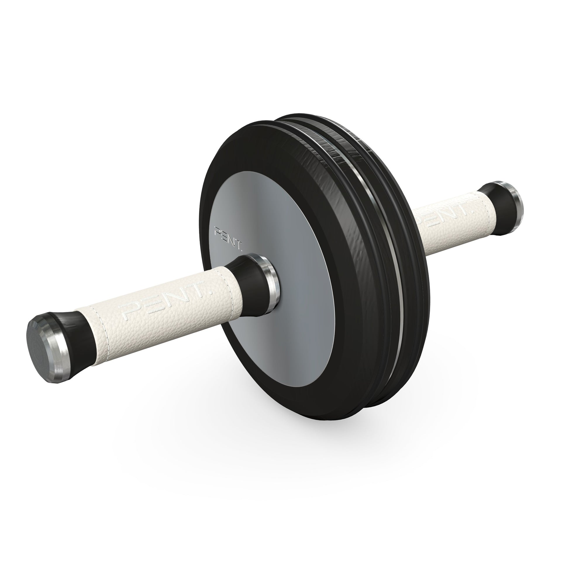 A luxurious home gym equipment, wooden ab roller with black ash wood, premium steel and genuine leather in white colour, designed for core workouts. PENT. TWISTA- Luxury Ab Roller