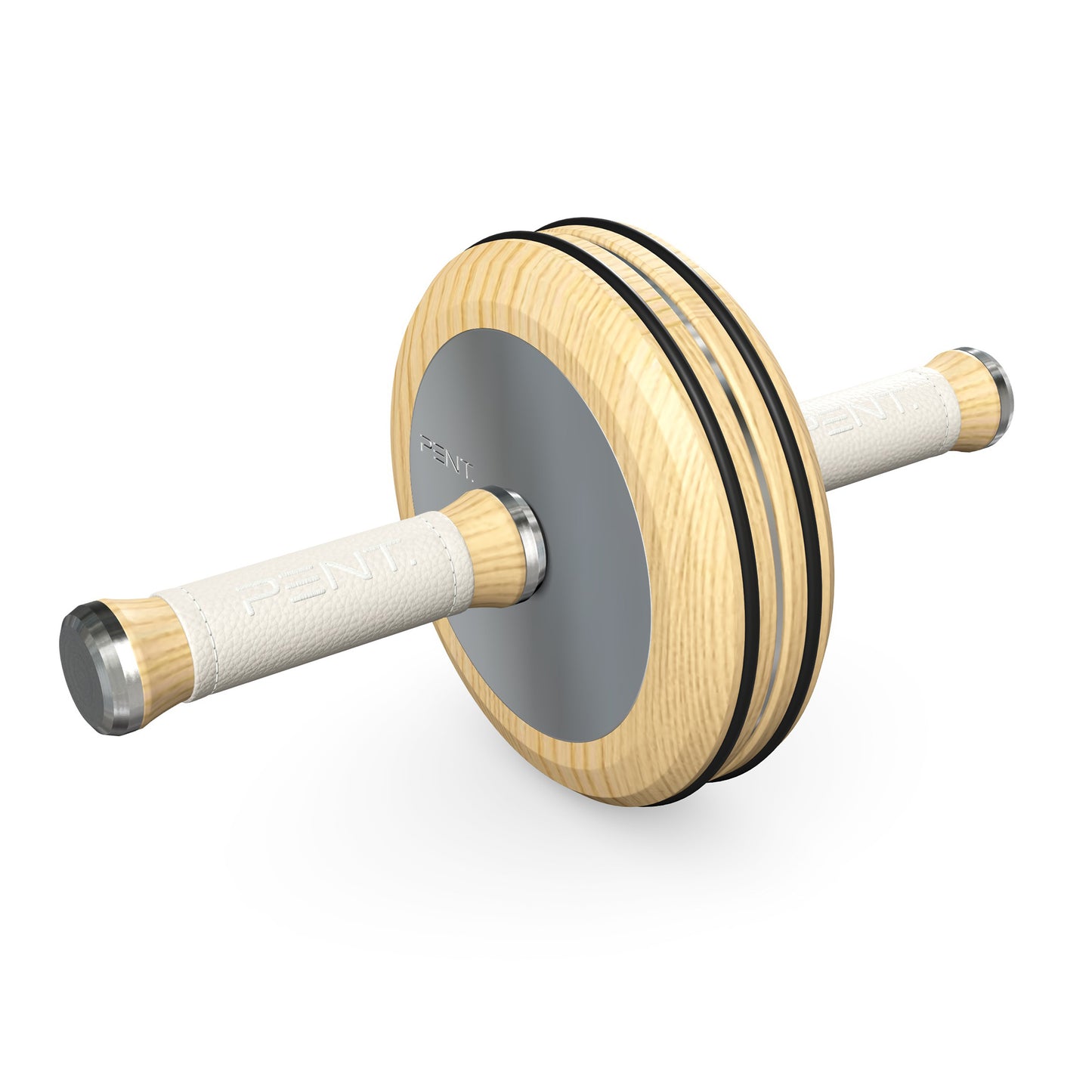 A luxurious home gym equipment, wooden ab roller with natural ash wood, premium steel and genuine leather in white colour, designed for core workouts. PENT. TWISTA- Luxury Ab Roller
