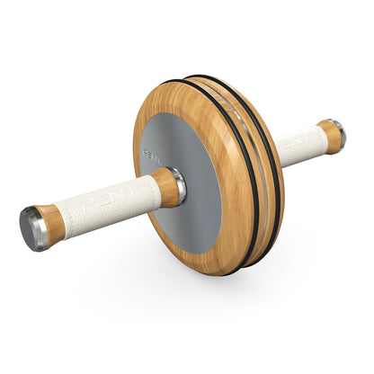 A luxurious home gym equipment, wooden ab roller with solid oak wood, premium steel and genuine leather in white colour, designed for core workouts. PENT. TWISTA- Luxury Ab Roller