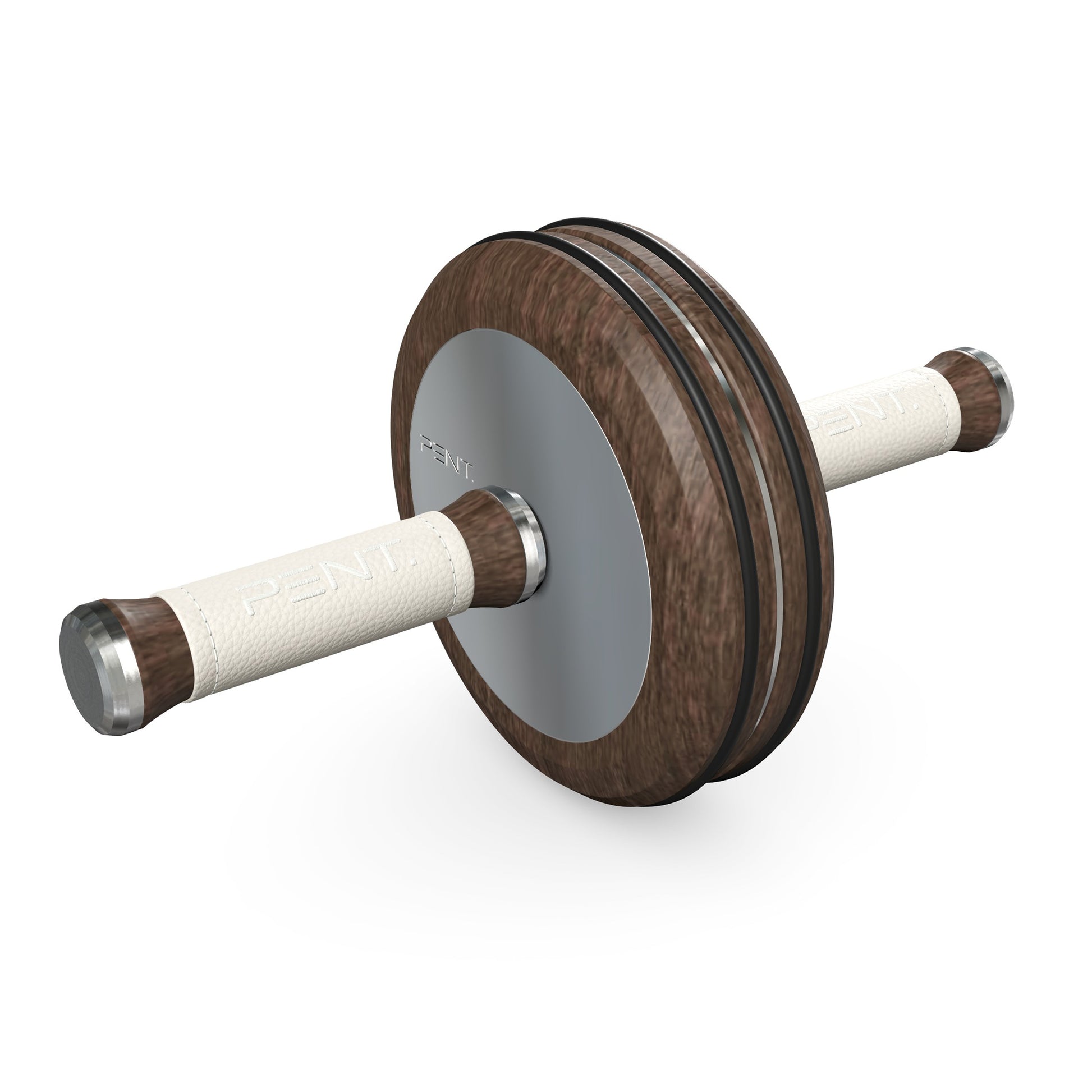 A luxurious home gym equipment, wooden ab roller with dark walnut wood, premium steel and genuine leather in white colour, designed for core workouts. PENT. TWISTA- Luxury Ab Roller