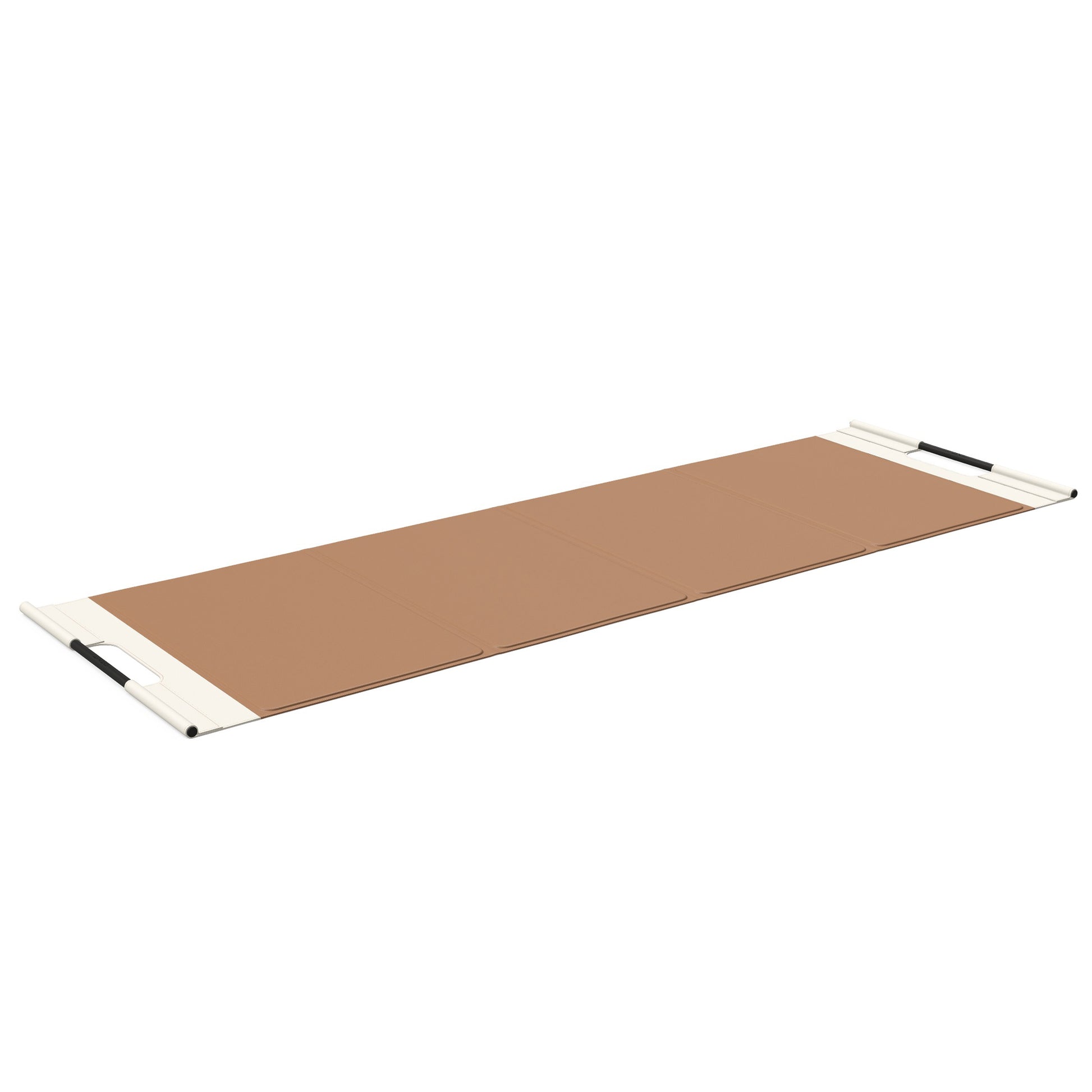 Luxurious fitness equipment, premium exercise mat handcrafted with natural wood and genuine Italian leather, customize in brown base leather, white accent leather and black ash wood. PENT. MATA