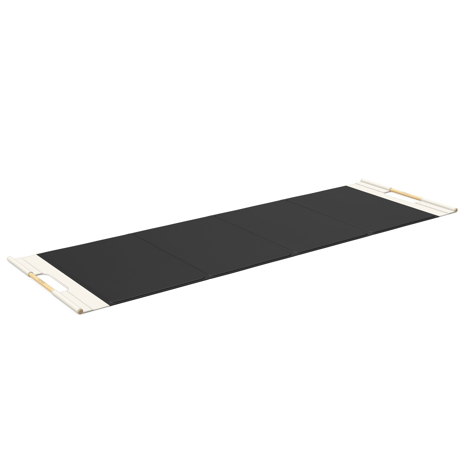 Luxurious fitness equipment, premium exercise mat handcrafted with natural wood and genuine Italian leather, customize in black base leather, white accent leather and natural ash wood. PENT. MATA