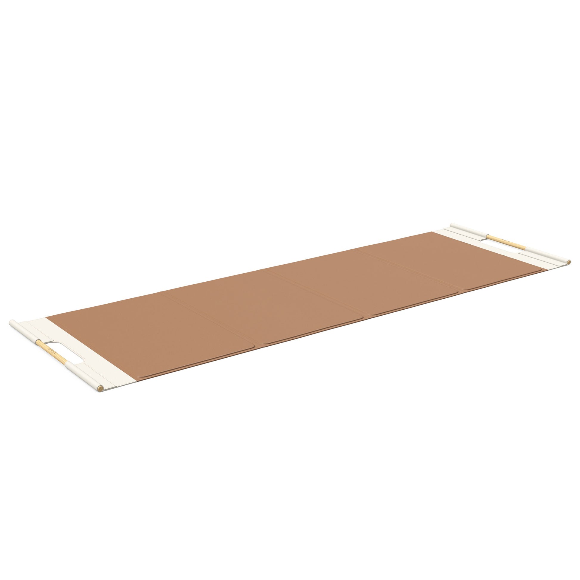 Luxurious fitness equipment, premium exercise mat handcrafted with natural wood and genuine Italian leather, customize in brown base leather, white accent leather and natural ash wood. PENT. MATA