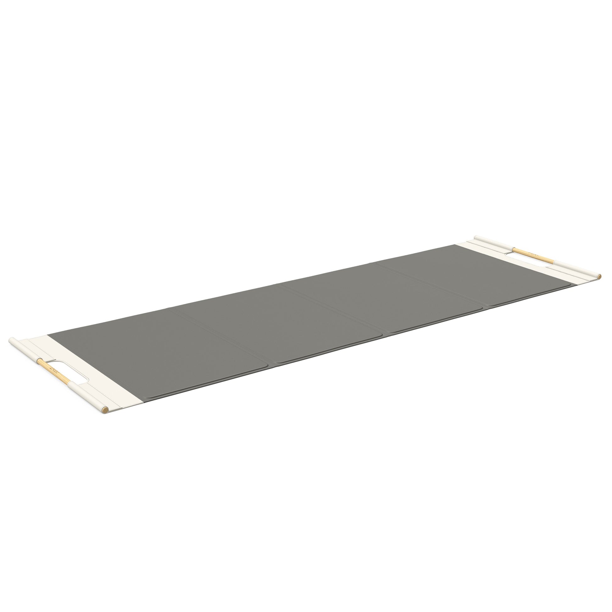 Luxurious fitness equipment, premium exercise mat handcrafted with natural wood and genuine Italian leather, customize in grey base leather, white accent leather and natural ash wood. PENT. MATA