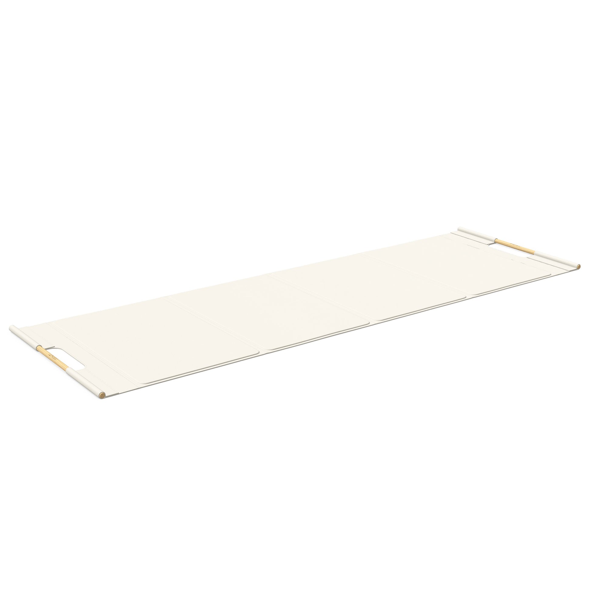 Luxurious fitness equipment, premium exercise mat handcrafted with natural wood and genuine Italian leather, customize in white base leather, white accent leather and natural ash wood. PENT. MATA