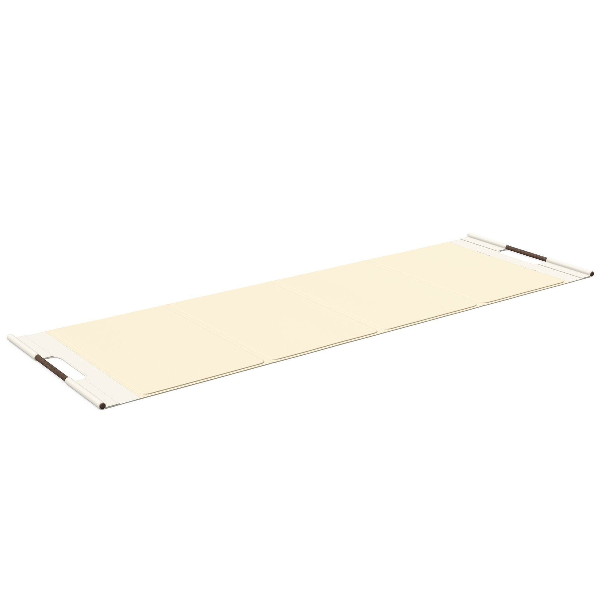 Luxurious fitness equipment, premium exercise mat handcrafted with natural wood and genuine Italian leather, customize in beige base leather, white accent leather and dark walnut wood. PENT. MATA