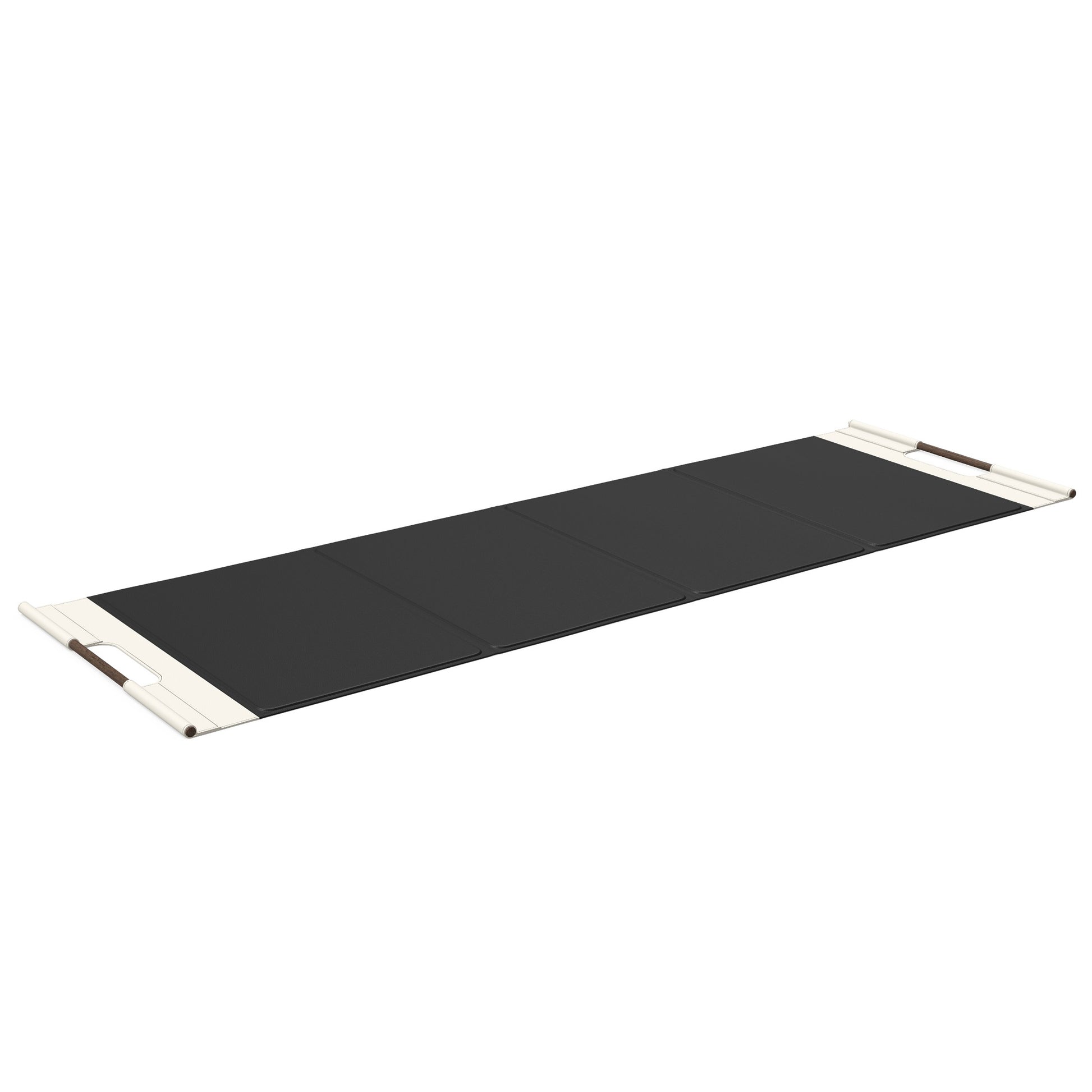Luxurious fitness equipment, premium exercise mat handcrafted with natural wood and genuine Italian leather, customize in black base leather, white accent leather and dark walnut wood. PENT. MATA