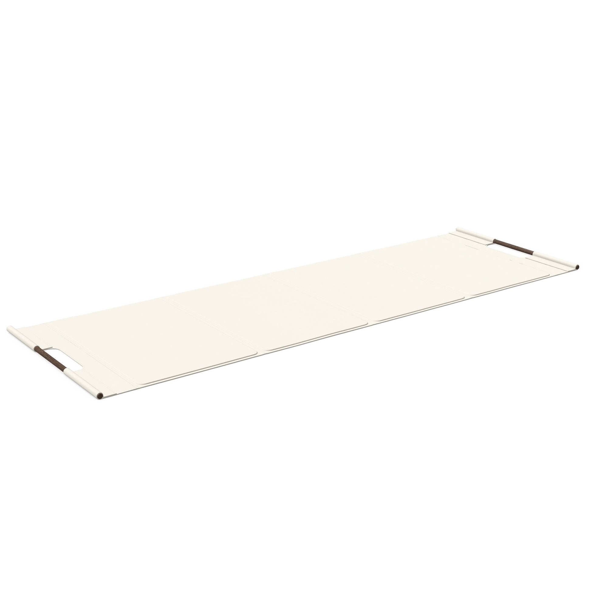 Luxurious fitness equipment, premium exercise mat handcrafted with natural wood and genuine Italian leather, customize in white base leather, white accent leather and dark walnut wood. PENT. MATA