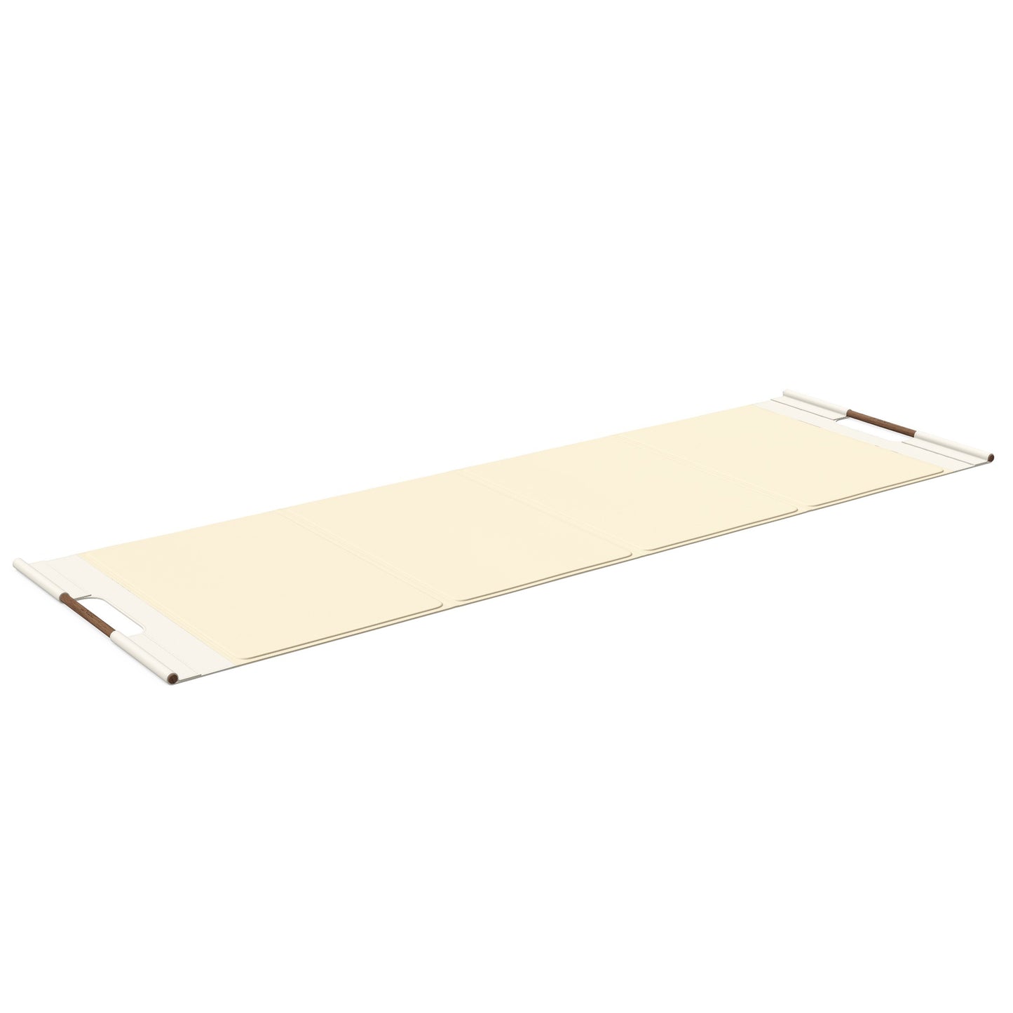Luxurious fitness equipment, premium exercise mat handcrafted with natural wood and genuine Italian leather, customize in beige base leather, white accent leather and natural walnut wood. PENT. MATA