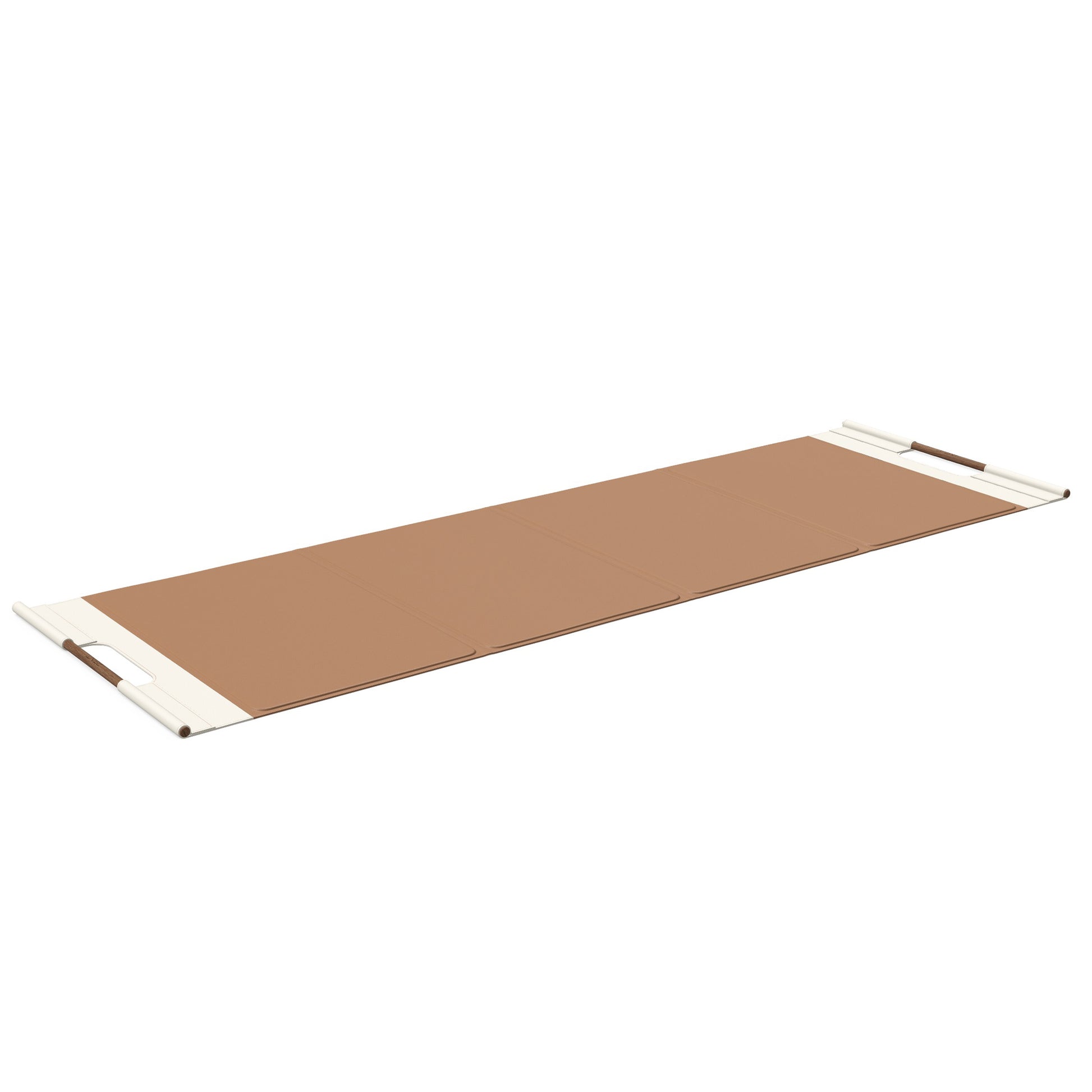 Luxurious fitness equipment, premium exercise mat handcrafted with natural wood and genuine Italian leather, customize in brown base leather, white accent leather and natural walnut wood. PENT. MATA