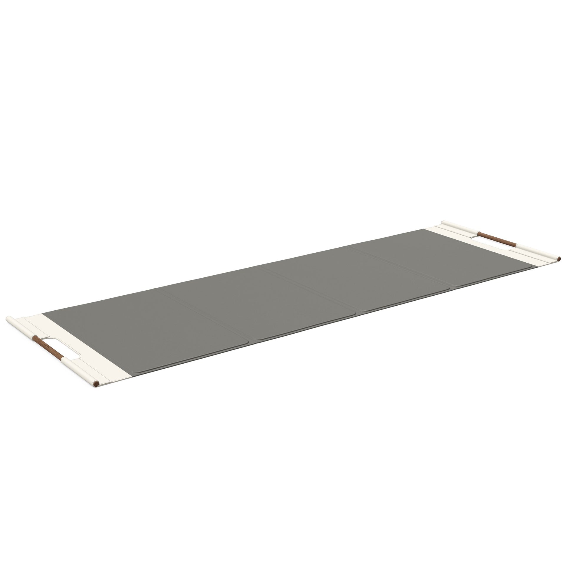 Luxurious fitness equipment, premium exercise mat handcrafted with natural wood and genuine Italian leather, customize in grey base leather, white accent leather and natural walnut wood. PENT. MATA