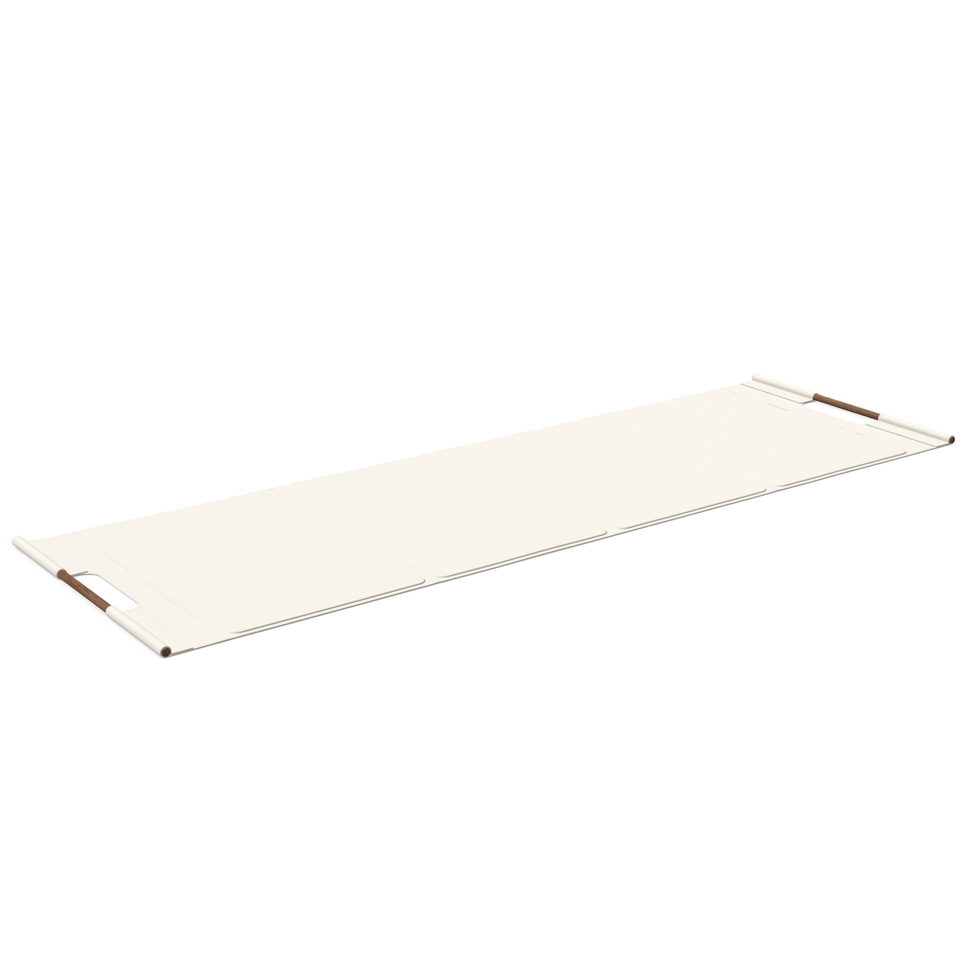 Luxurious fitness equipment, premium exercise mat handcrafted with natural wood and genuine Italian leather, customize in white base leather, white accent leather and natural walnut wood. PENT. MATA