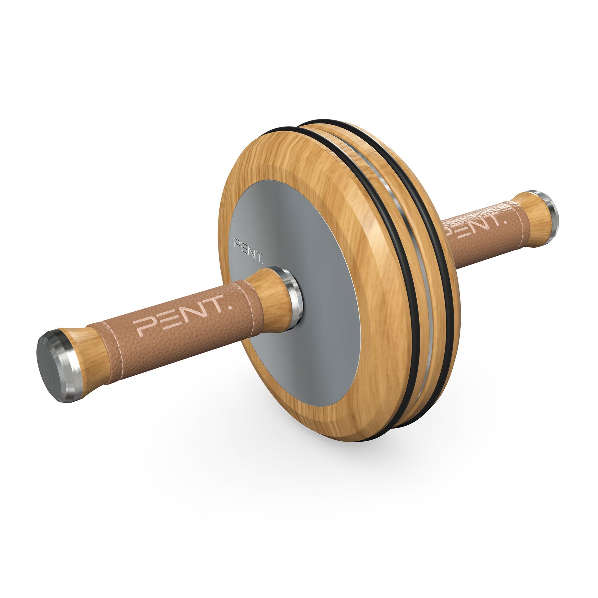 A luxurious home gym equipment, wooden ab roller with solid oak wood, premium steel and genuine leather in brown colour, designed for core workouts. PENT. TWISTA- Luxury Ab Roller