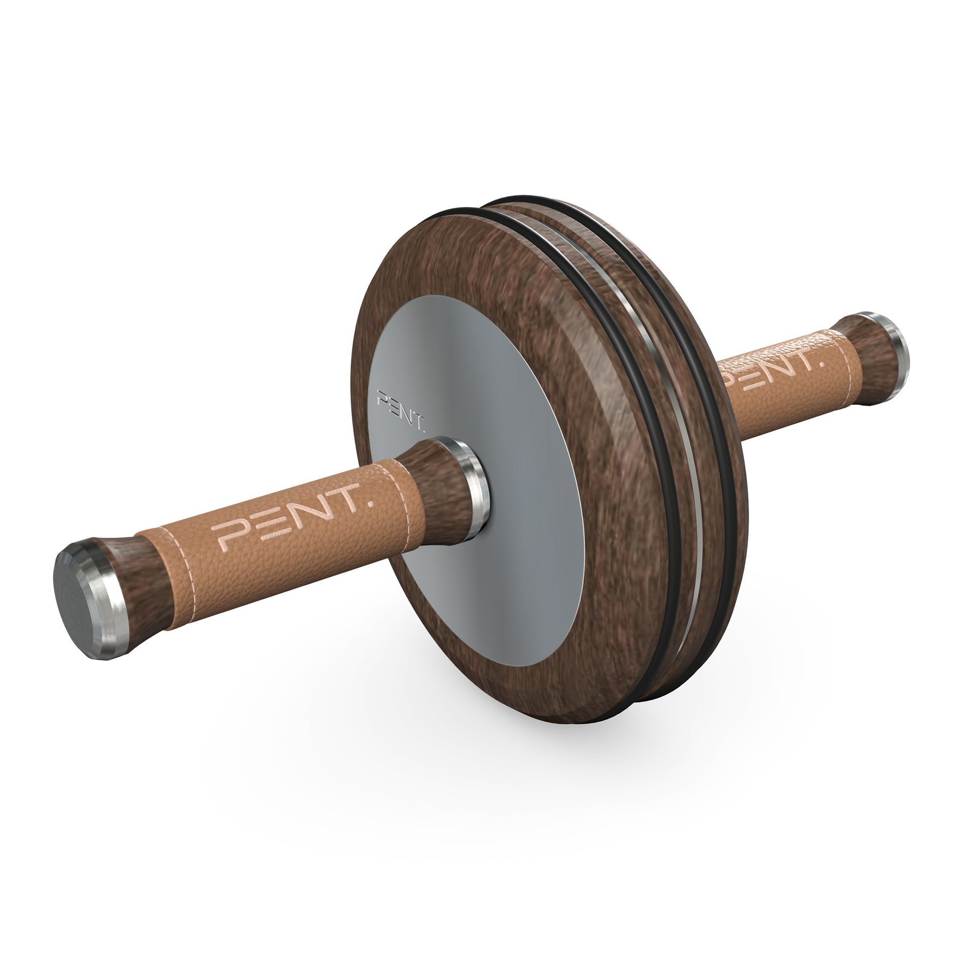 A luxurious home gym equipment, wooden ab roller with dark walnut wood, premium steel and genuine leather in brown colour, designed for core workouts. PENT. TWISTA- Luxury Ab Roller