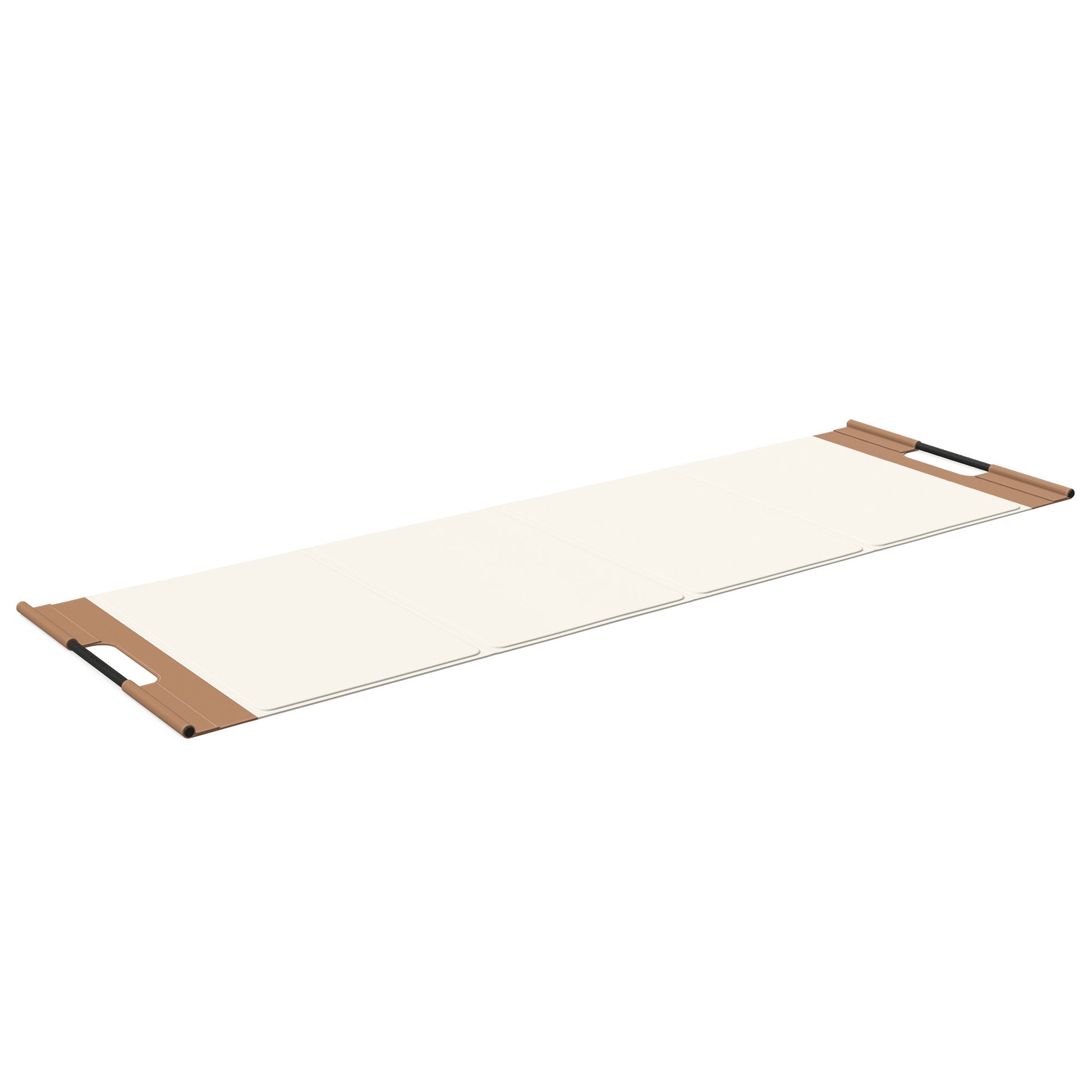 Luxurious fitness equipment, premium exercise mat handcrafted with natural wood and genuine Italian leather, customize in white base leather, brown accent leather and black ash wood. PENT. MATA