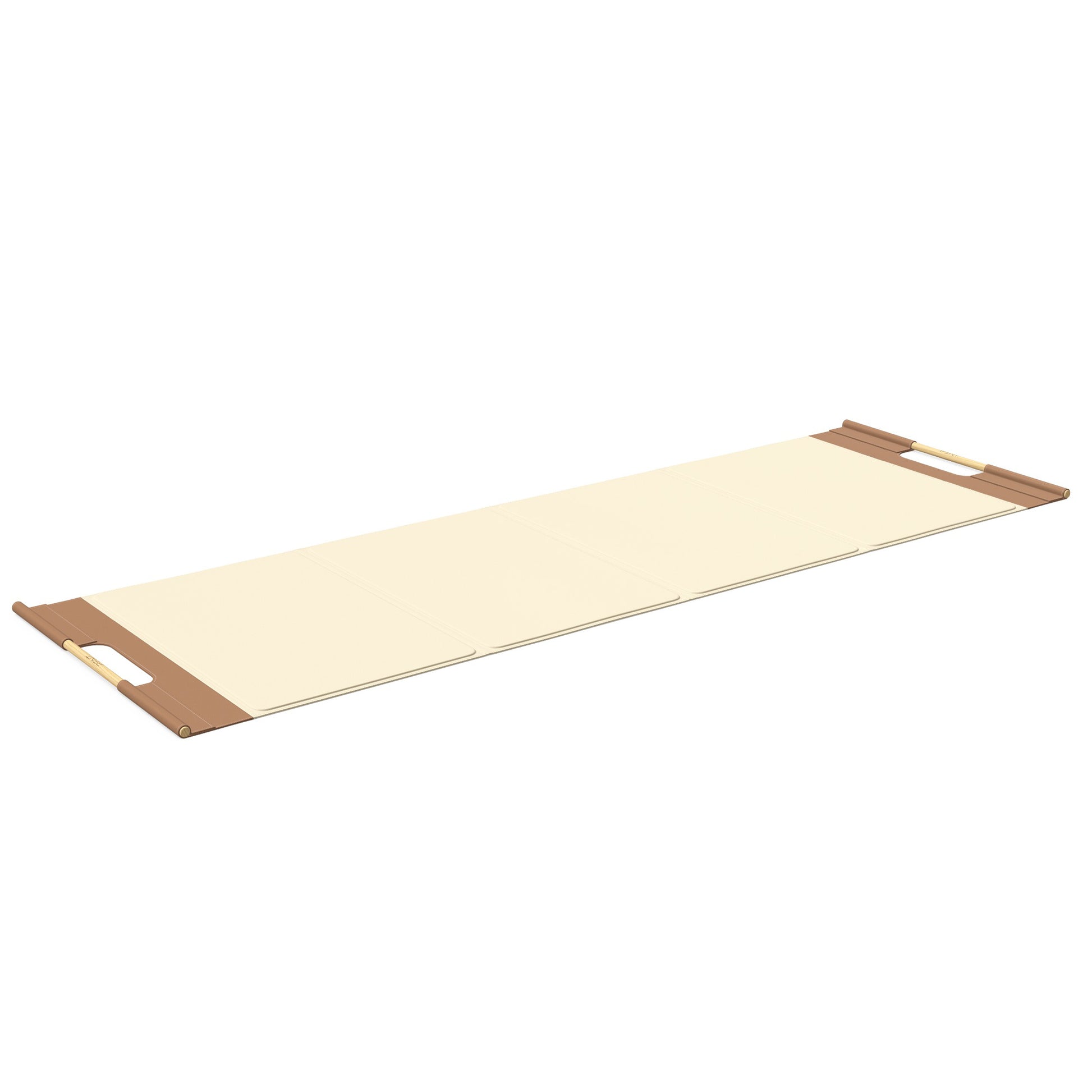 Luxurious fitness equipment, premium exercise mat handcrafted with natural wood and genuine Italian leather, customize in beige base leather, brown accent leather and natural ash wood. PENT. MATA