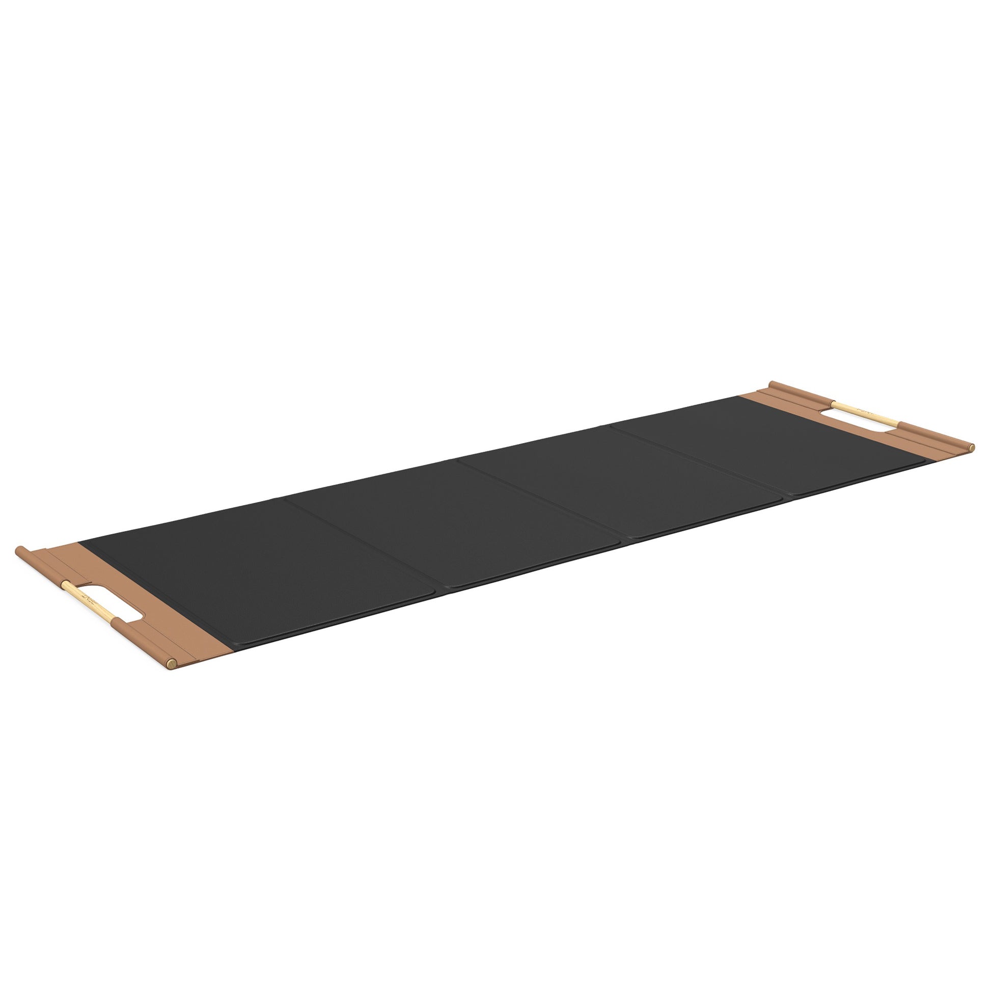 Luxurious fitness equipment, premium exercise mat handcrafted with natural wood and genuine Italian leather, customize in black base leather, brown accent leather and natural ash wood. PENT. MATA