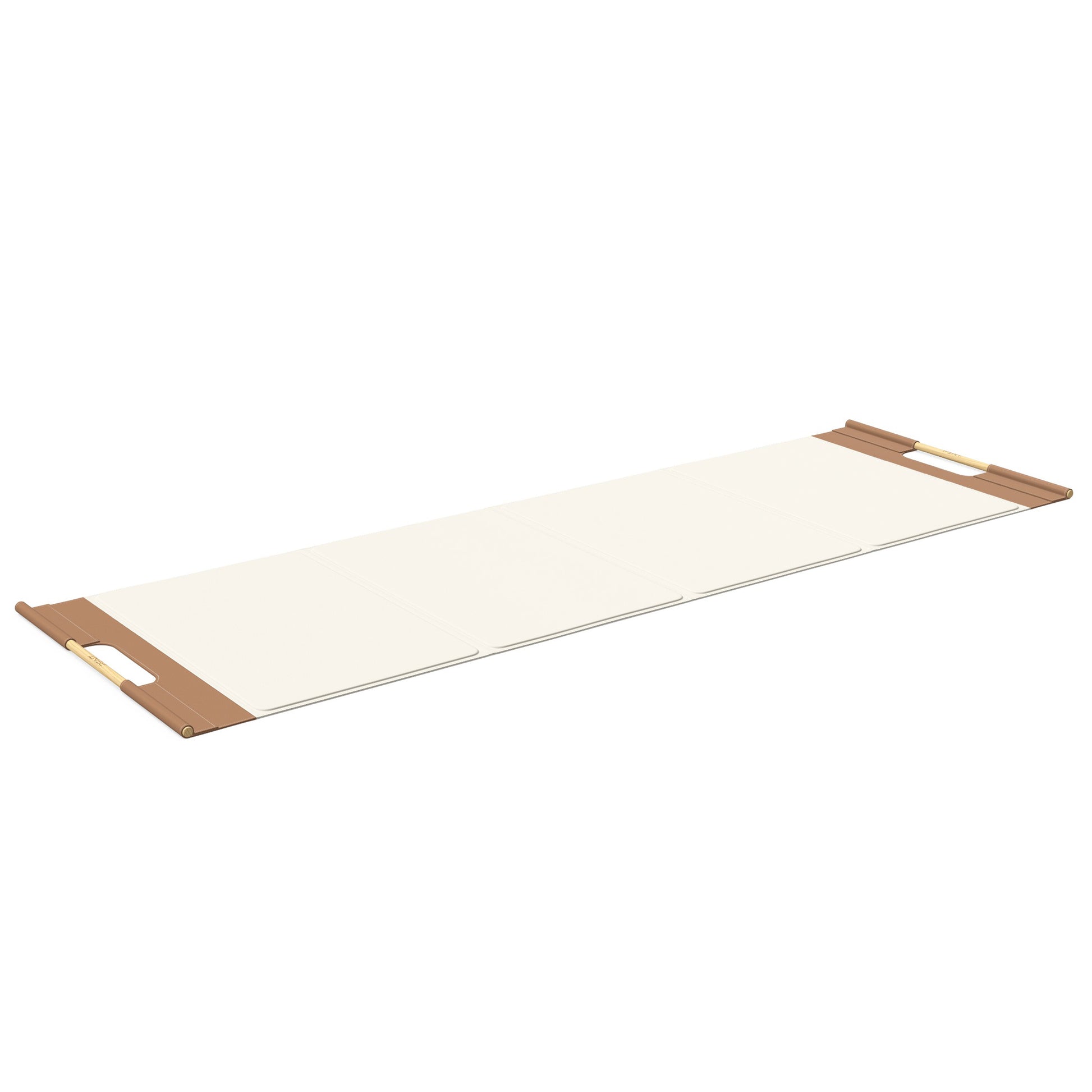 Luxurious fitness equipment, premium exercise mat handcrafted with natural wood and genuine Italian leather, customize in white base leather, brown accent leather and natural ash wood. PENT. MATA