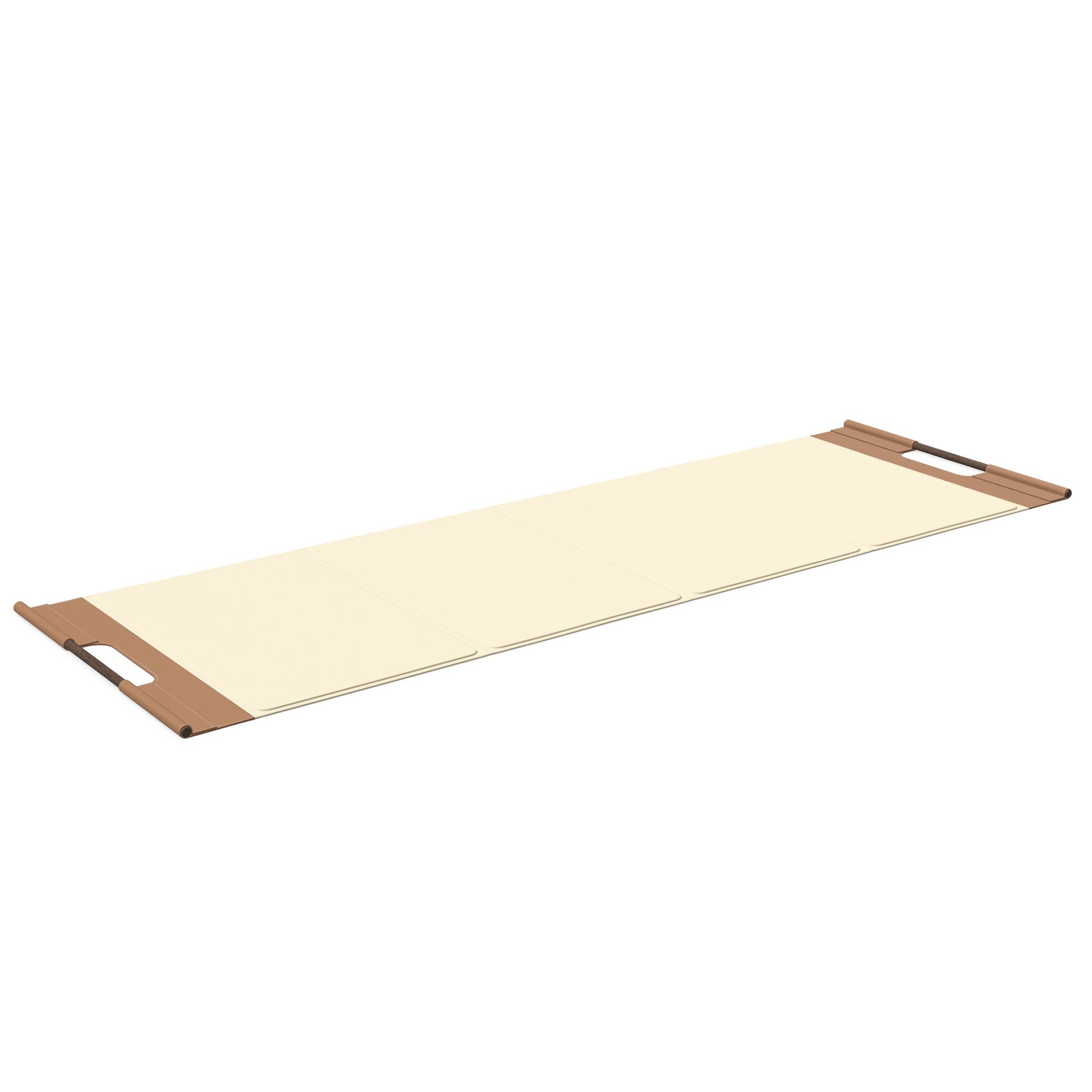 Luxurious fitness equipment, premium exercise mat handcrafted with natural wood and genuine Italian leather, customize in beige base leather, brown accent leather and dark walnut wood. PENT. MATA