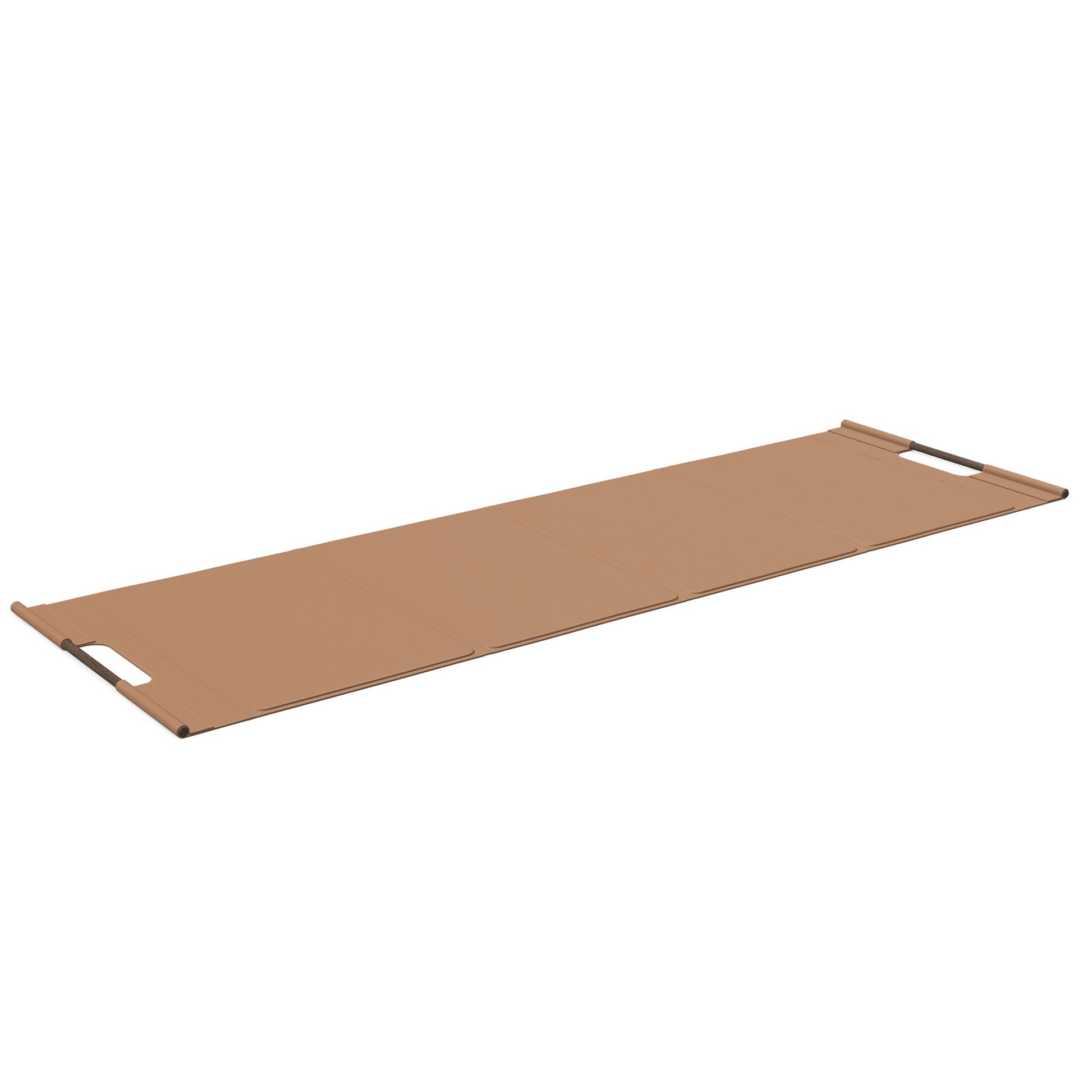 Luxurious fitness equipment, premium exercise mat handcrafted with natural wood and genuine Italian leather, customize in brown base leather, brown accent leather and dark walnut wood. PENT. MATA