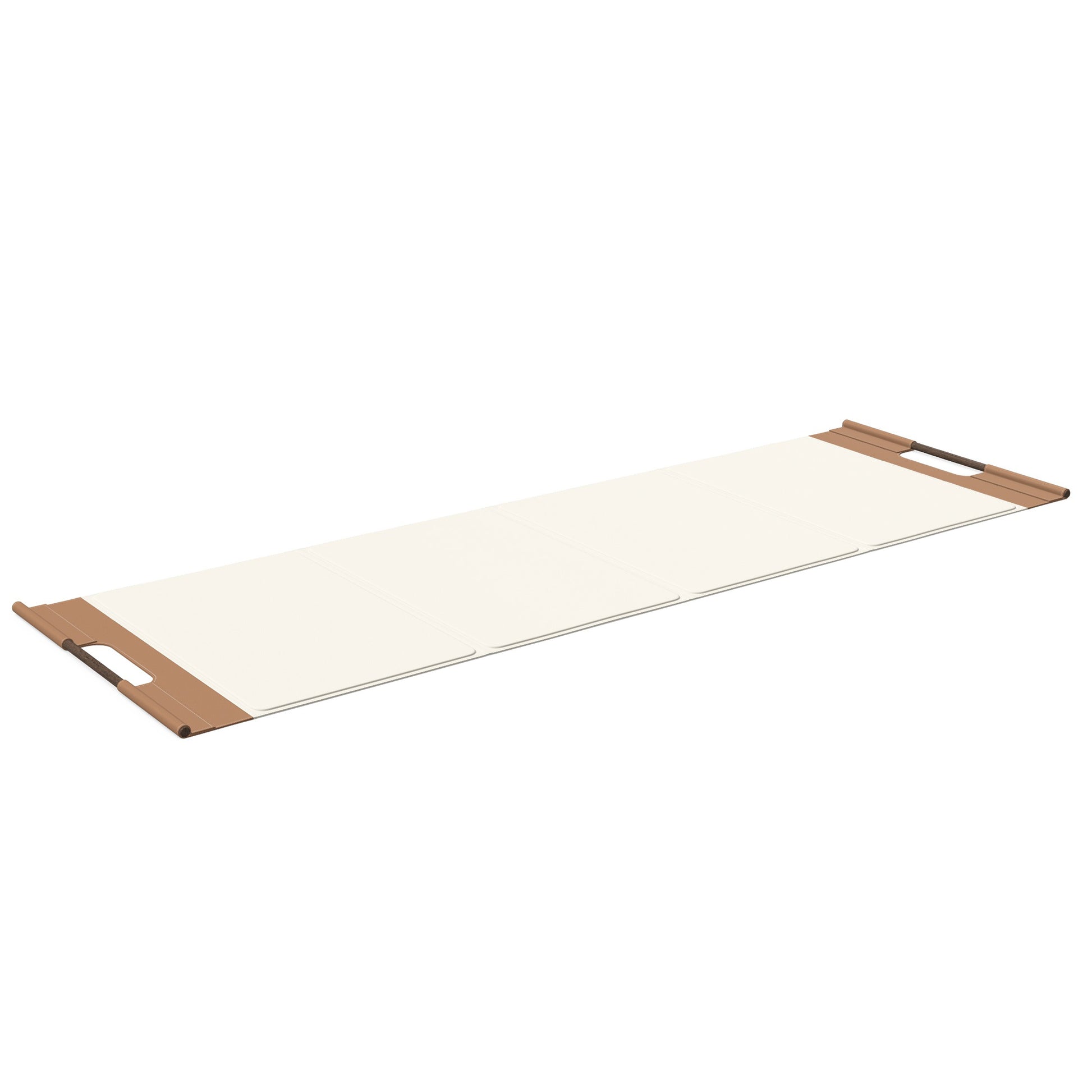 Luxurious fitness equipment, premium exercise mat handcrafted with natural wood and genuine Italian leather, customize in white base leather, brown accent leather and dark walnut wood. PENT. MATA