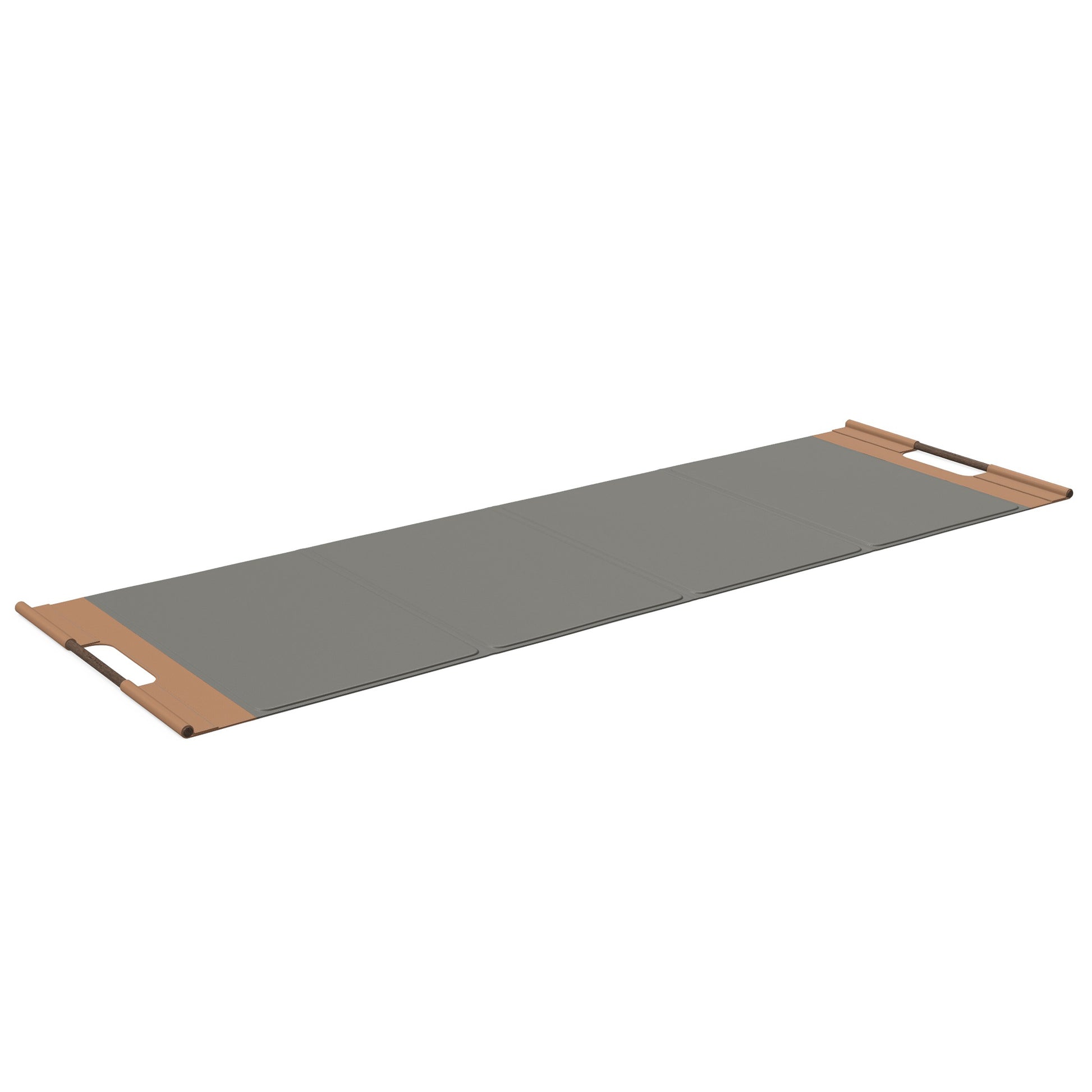 Luxurious fitness equipment, premium exercise mat handcrafted with natural wood and genuine Italian leather, customize in grey base leather, brown accent leather and dark walnut wood. PENT. MATA