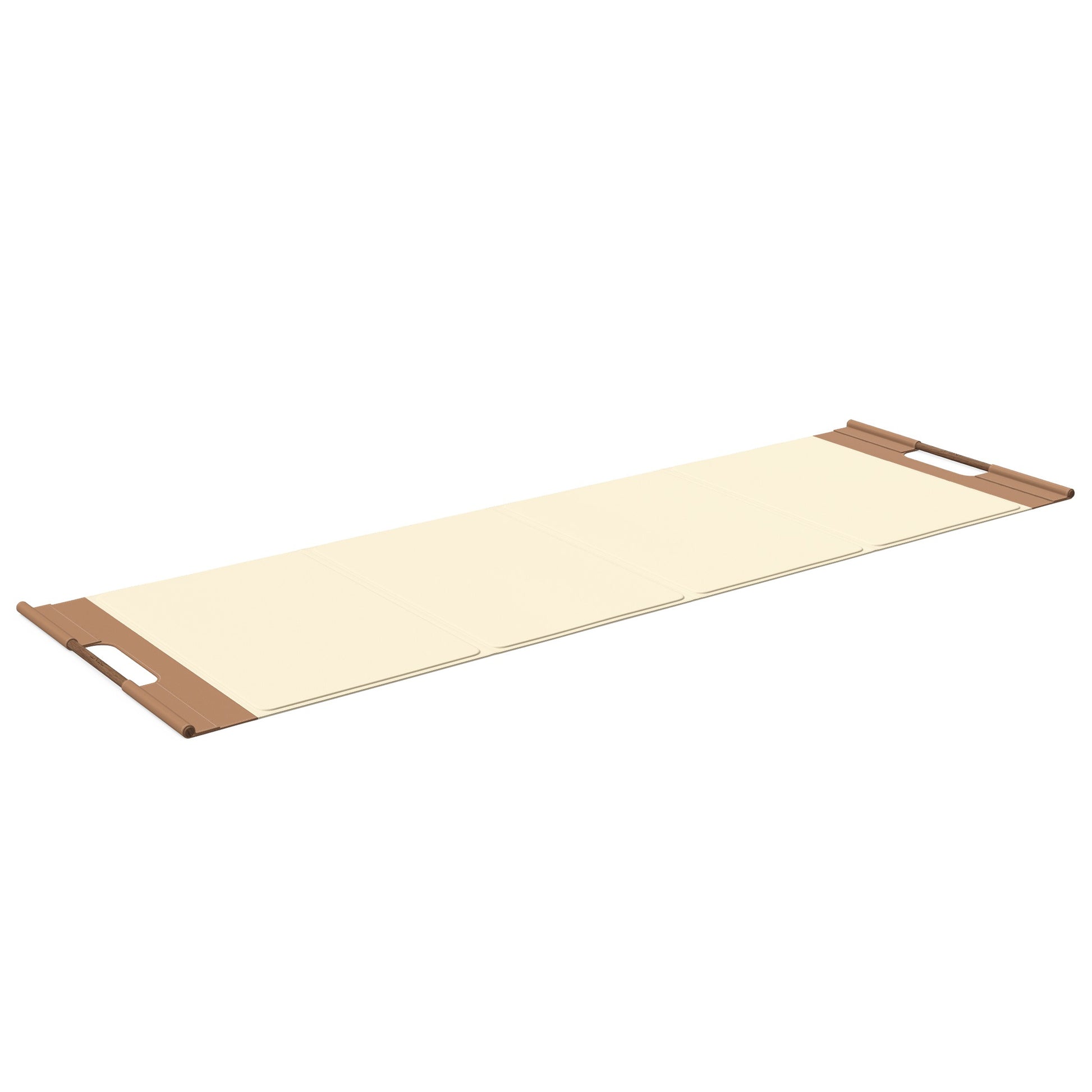 Luxurious fitness equipment, premium exercise mat handcrafted with natural wood and genuine Italian leather, customize in beige base leather, brown accent leather and natural walnut wood. PENT. MATA