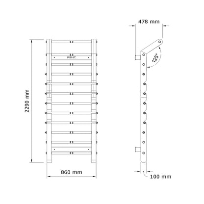Dimension images for Luxurious home gym equipment, luxury wall bar handcrafted with stainless steel and premium natural wood. PENT. SCALA ADVANCE PLUS