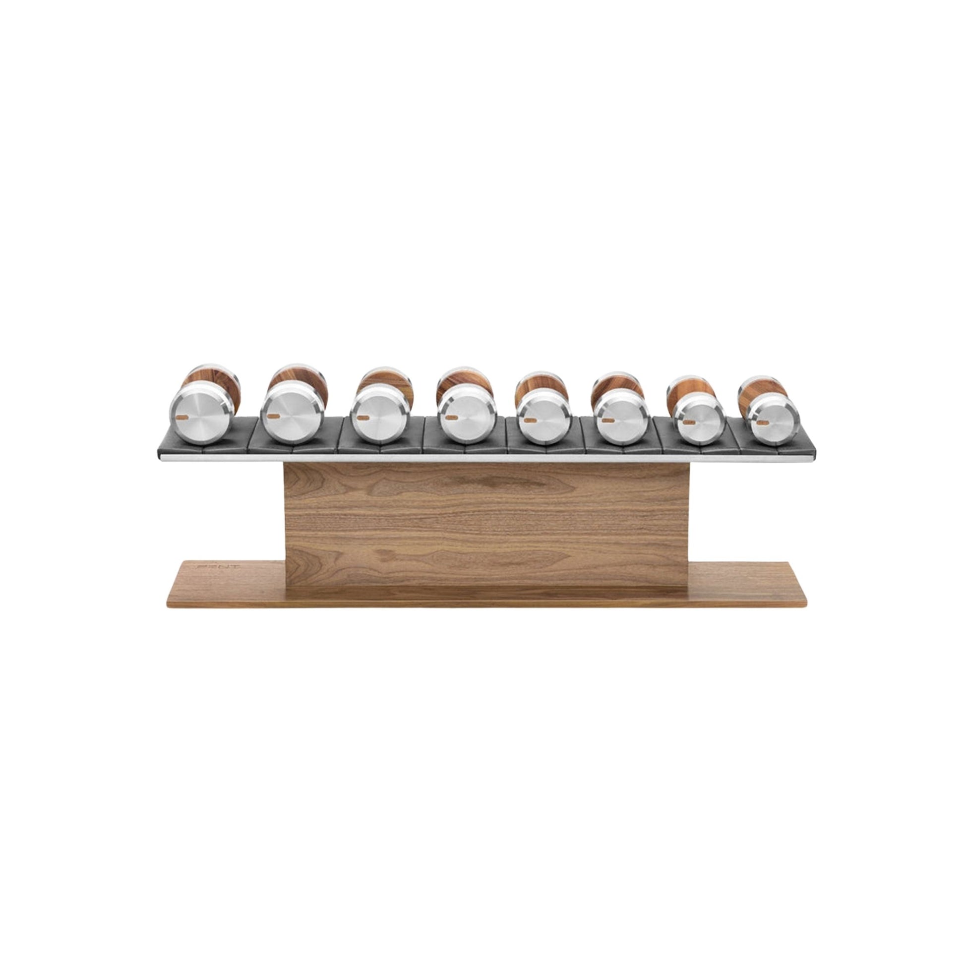  Luxury gym equipment, 4 pair of dumbbells on horizontal wooden stand, made with stainless steel, Italian leather and natural wood.